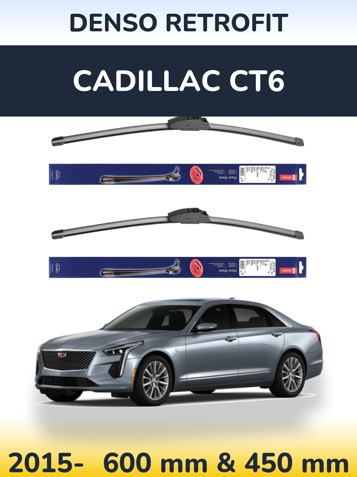 Sada předních stěračů Denso Retrofit 600 a 450 mm pro Cadillac CT6 2015-2026