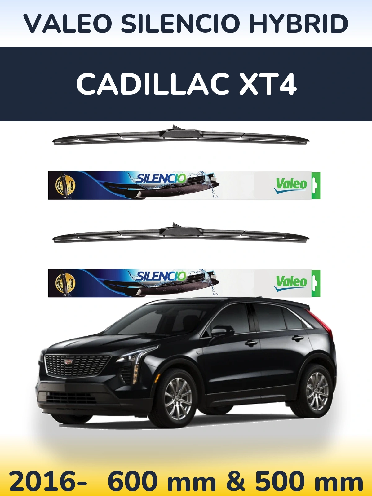 Sada předních stěračů Valeo Silencio Hybrid 600 a 500 mm pro Cadillac XT4 2016-2026
