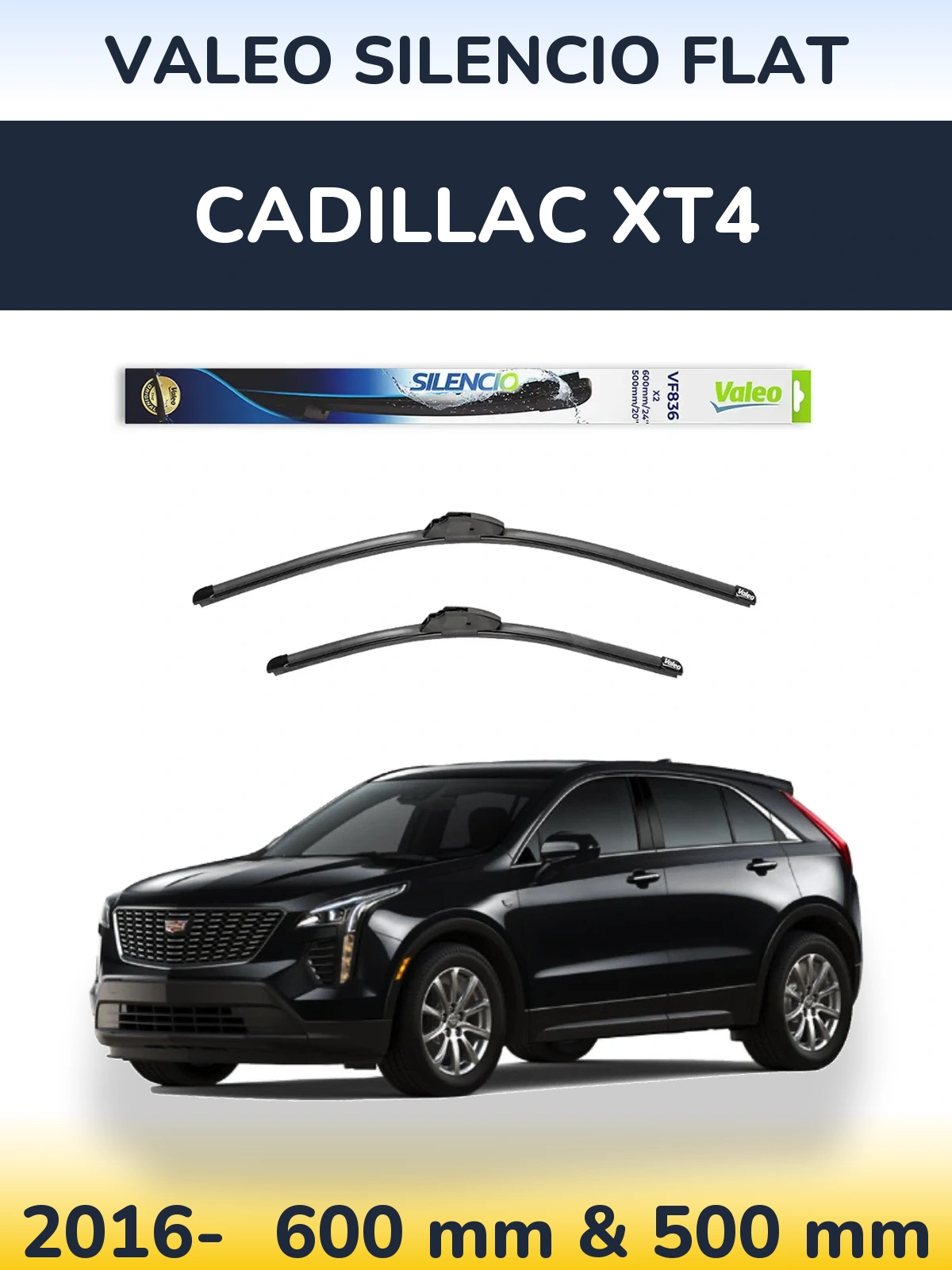 Sada předních stěračů Valeo Silencio Flat 600 a 500 mm pro Cadillac XT4 2016-2026