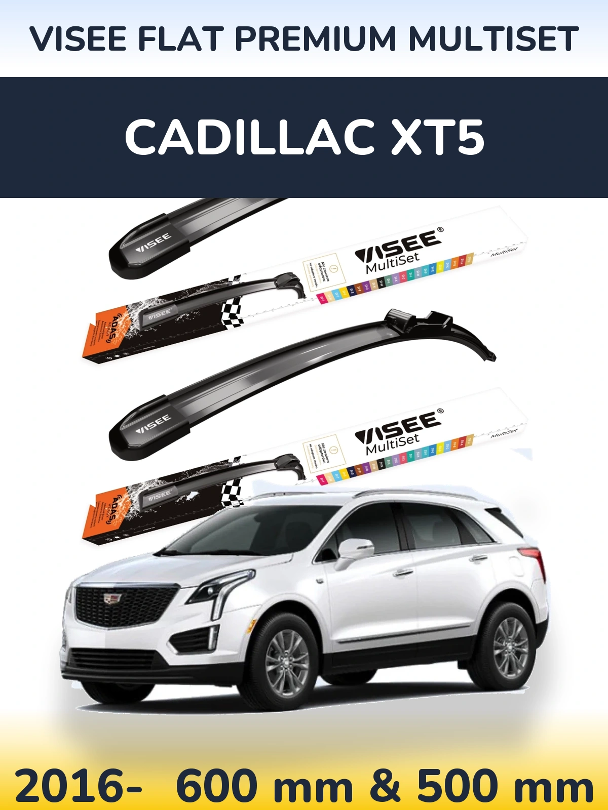 Комплект передніх щіток VISEE FLAT PREMIUM MultiSet 600 & 500 мм для Cadillac XT5 2016-2026
