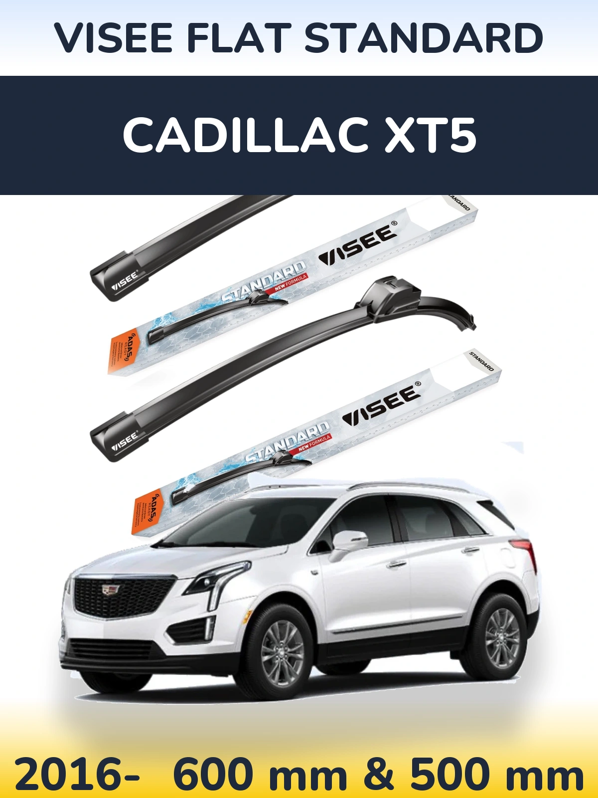 Sada předních stěračů VISEE FLAT STANDARD 600 a 500 mm pro Cadillac XT5 2016-2026