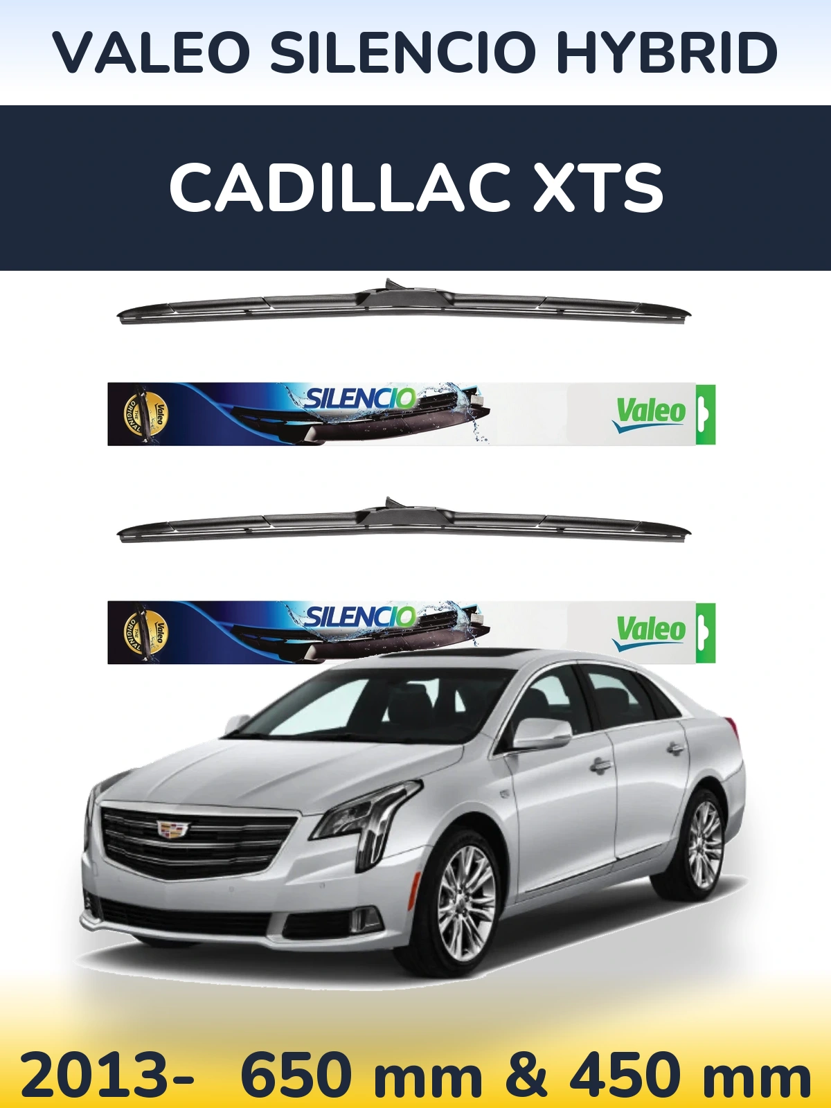 Sada předních stěračů Valeo Silencio Hybrid 650 a 450 mm pro Cadillac XTS 2013-2026