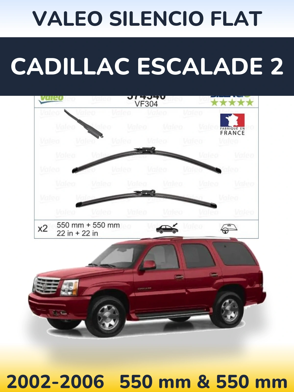 Sada předních stěračů Valeo Silencio Flat 550 a 550 mm pro Cadillac Escalade 2 2002-2006
