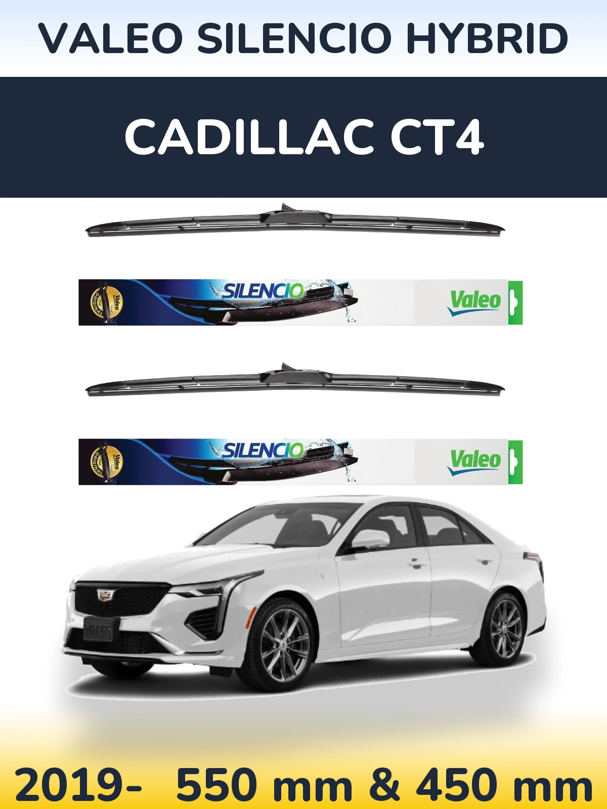 Sada předních stěračů Valeo Silencio Hybrid 550 a 450 mm pro Cadillac CT4 2019-2026