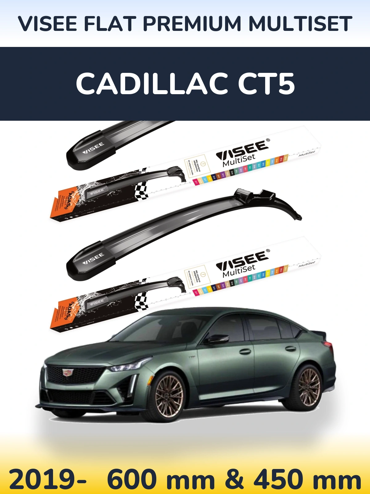 Sada předních stěračů VISEE FLAT PREMIUM MultiSet 600 a 450 mm pro Cadillac CT5 2019-2026