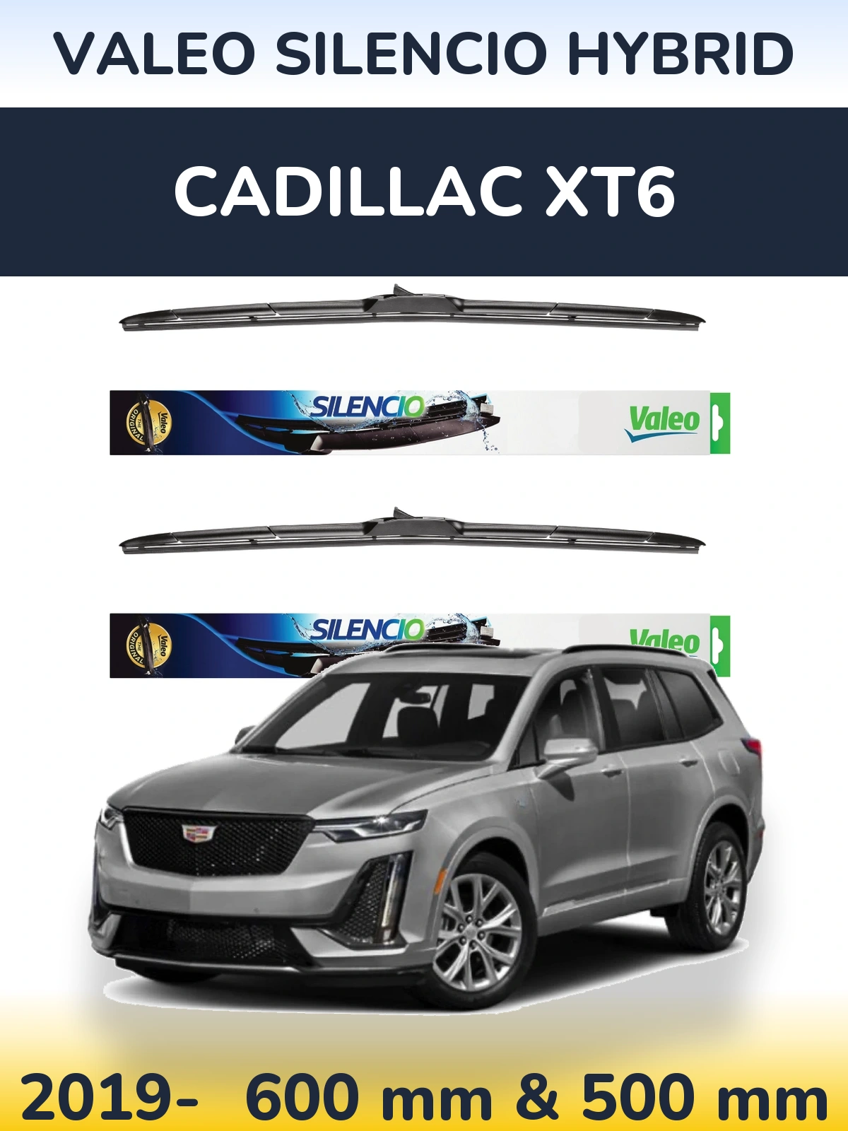 Sada předních stěračů Valeo Silencio Hybrid 600 a 500 mm pro Cadillac XT6 2019-2026