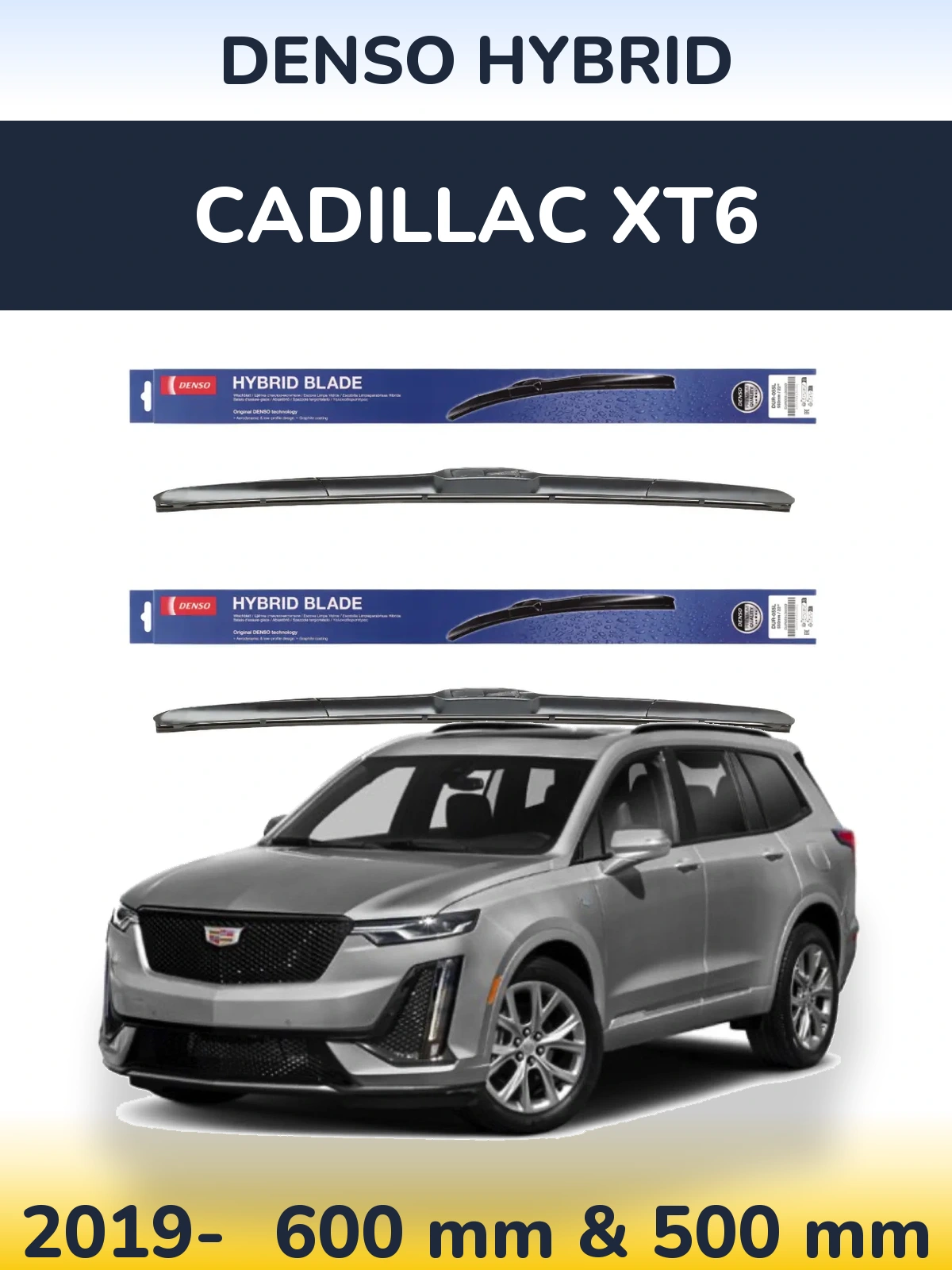 Sada předních stěračů Denso Hybrid 600 a 500 mm pro Cadillac XT6 2019-2026