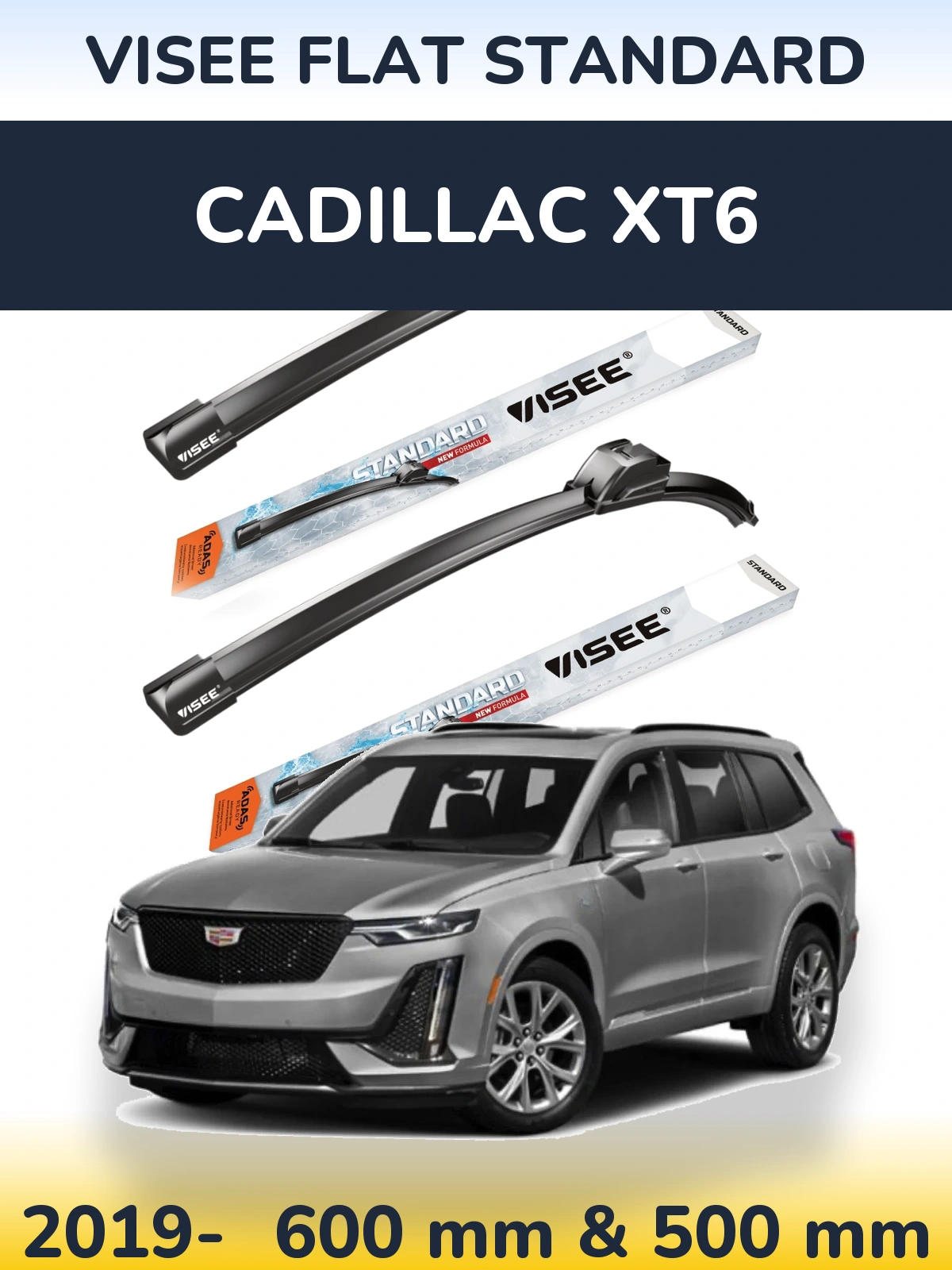 Sada předních stěračů VISEE FLAT STANDARD 600 a 500 mm pro Cadillac XT6 2019-2026