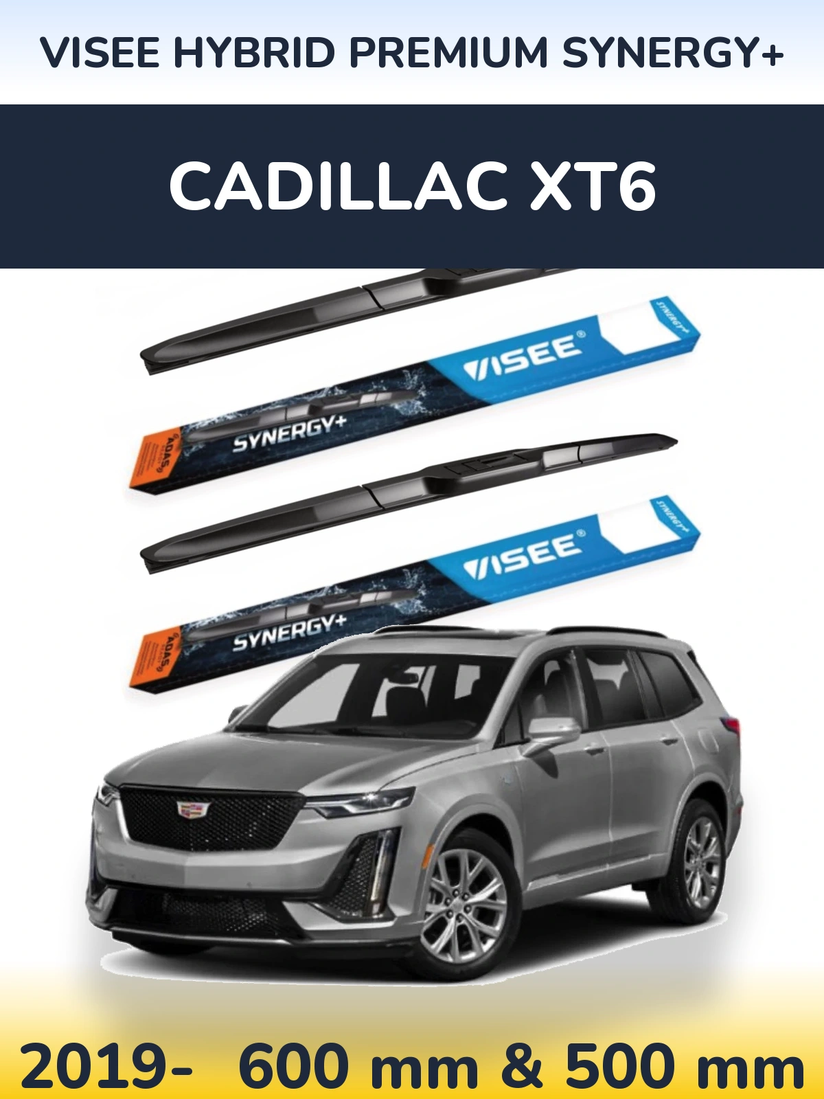 Sada předních stěračů VISEE HYBRID PREMIUM SYNERGY+ 600 a 500 mm pro Cadillac XT6 2019-2026