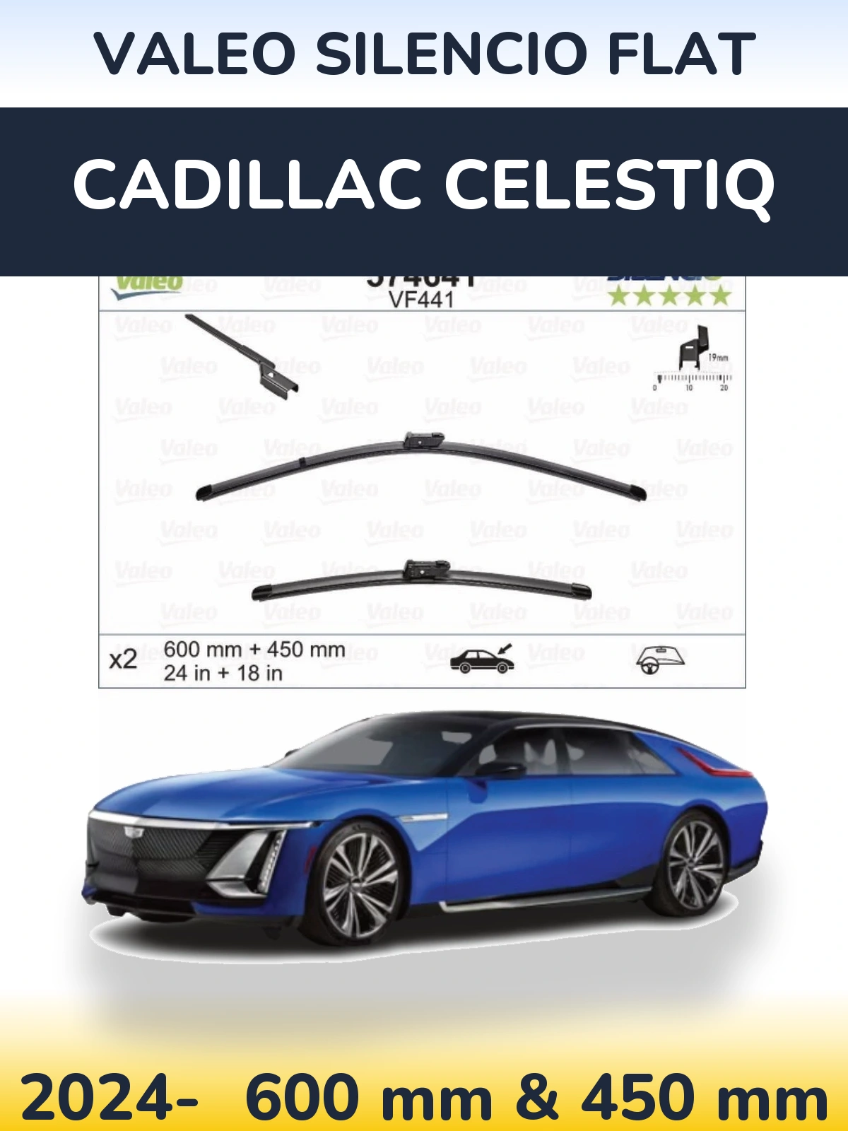 Sada předních stěračů Valeo Silencio Flat 600 a 450 mm pro Cadillac Celestiq 2024-2026