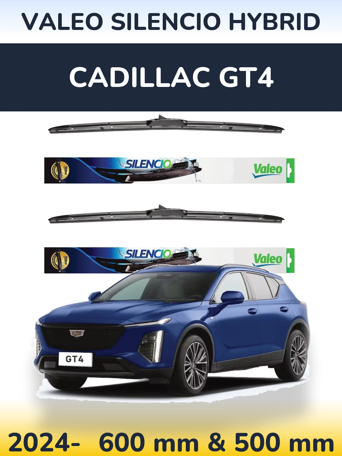 Sada předních stěračů Valeo Silencio Hybrid 600 a 500 mm pro Cadillac GT4 2024-2026