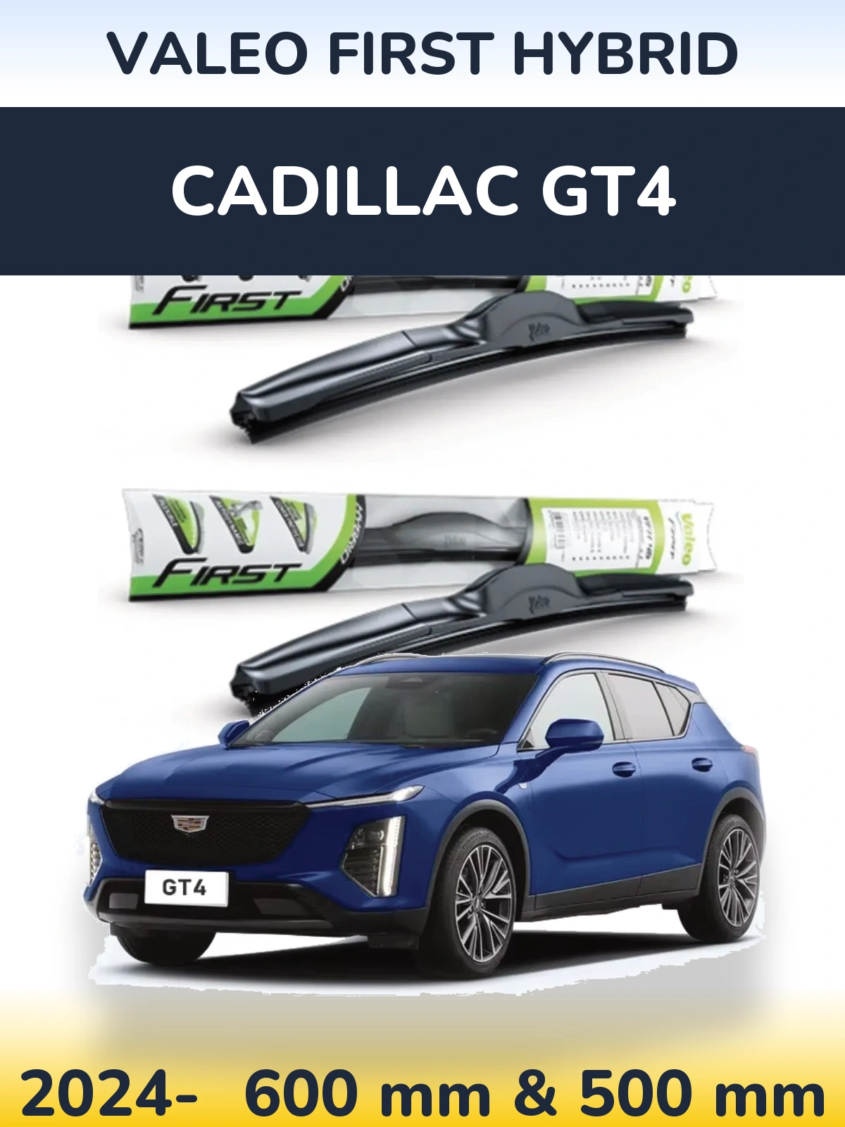 Sada předních stěračů Valeo First Hybrid 600 a 500 mm pro Cadillac GT4 2024-2026