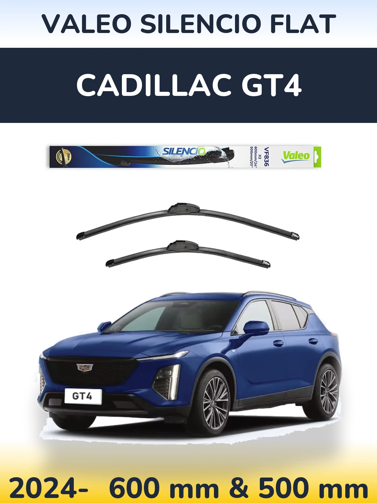 Sada předních stěračů Valeo Silencio Flat 600 a 500 mm pro Cadillac GT4 2024-2026