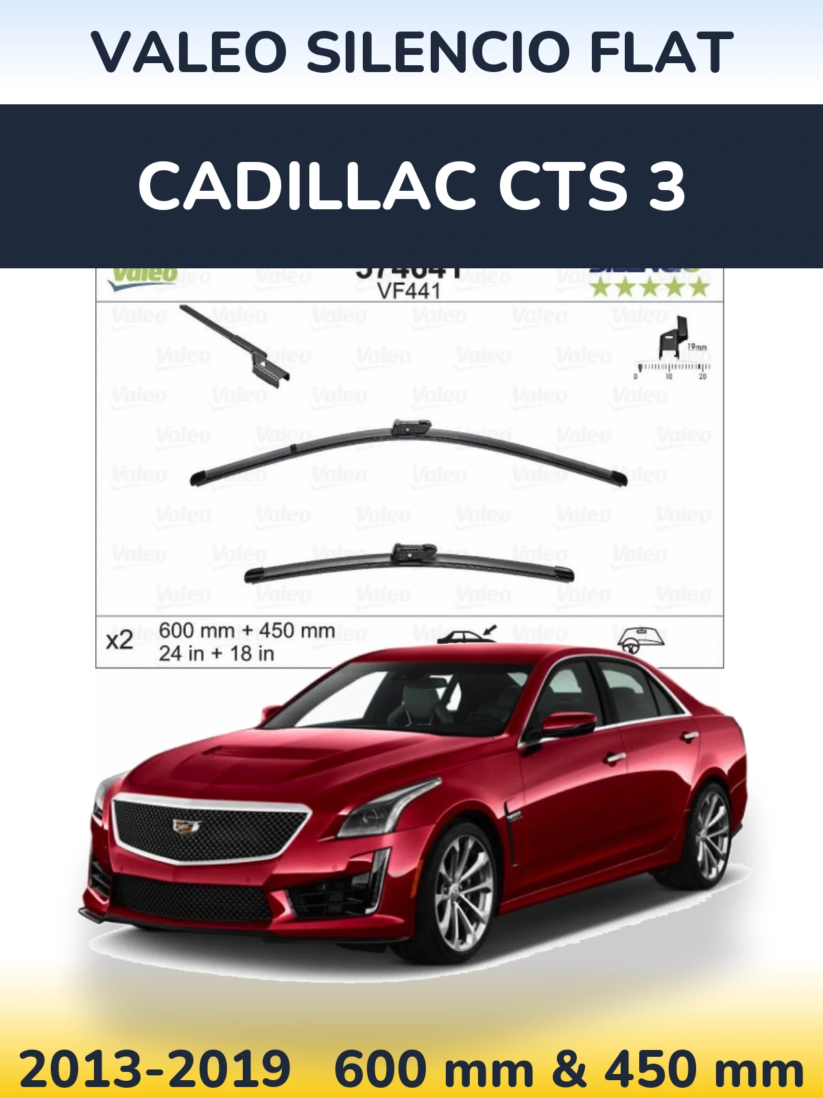 Sada předních stěračů Valeo Silencio Flat 600 a 450 mm pro Cadillac CTS 3 2013-2019
