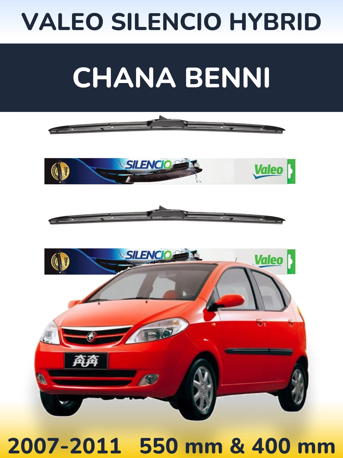 Sada předních stěračů Valeo Silencio Hybrid 550 a 400 mm pro Chana Benni 2007-2011