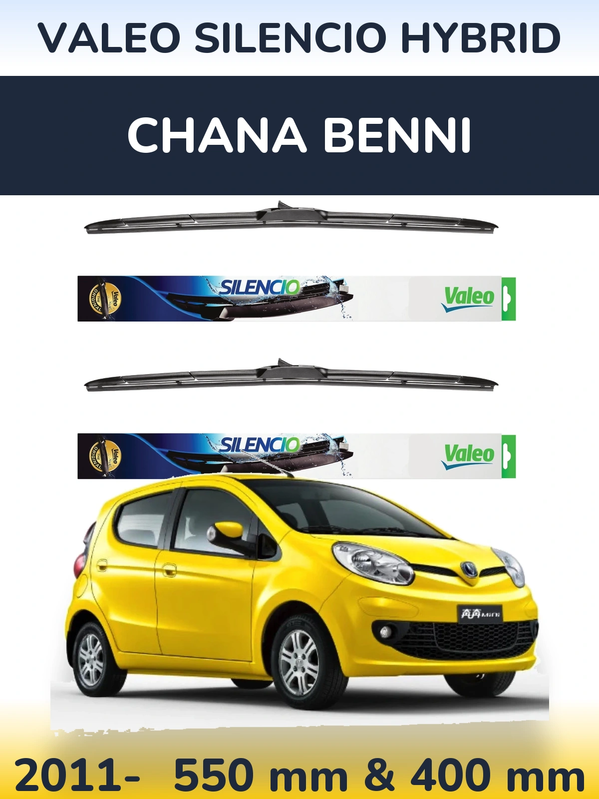 Sada předních stěračů Valeo Silencio Hybrid 550 a 400 mm pro Chana Benni 2011-2026