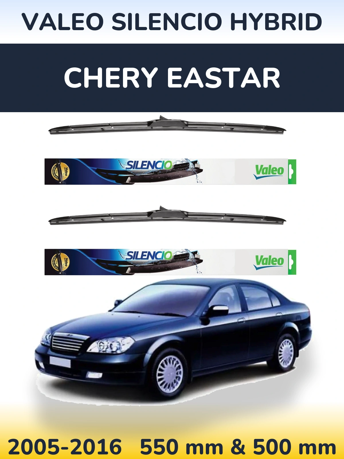 Sada předních stěračů Valeo Silencio Hybrid 550 a 500 mm pro Chery Eastar 2005-2016