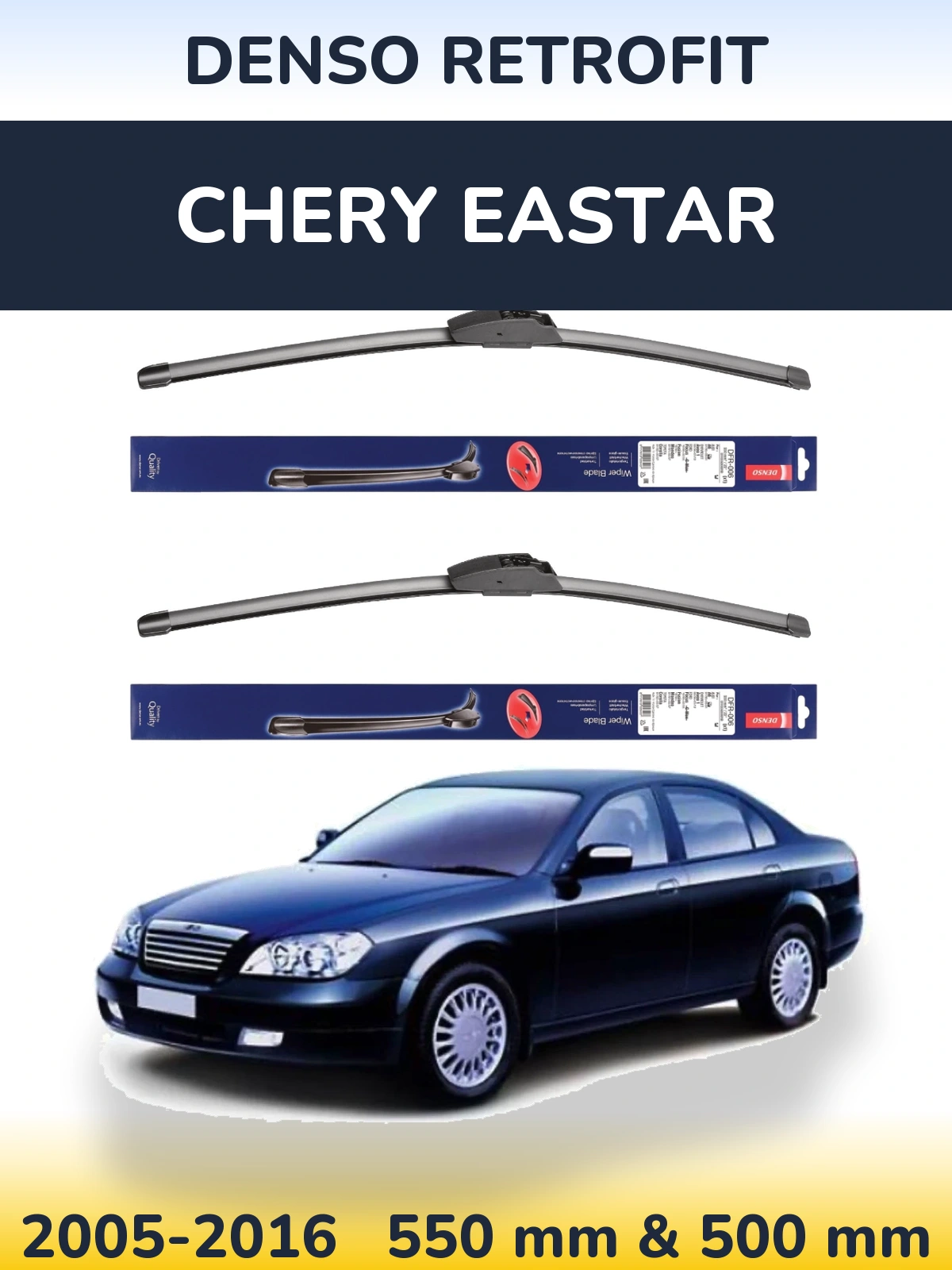 Sada předních stěračů Denso Retrofit 550 a 500 mm pro Chery Eastar 2005-2016