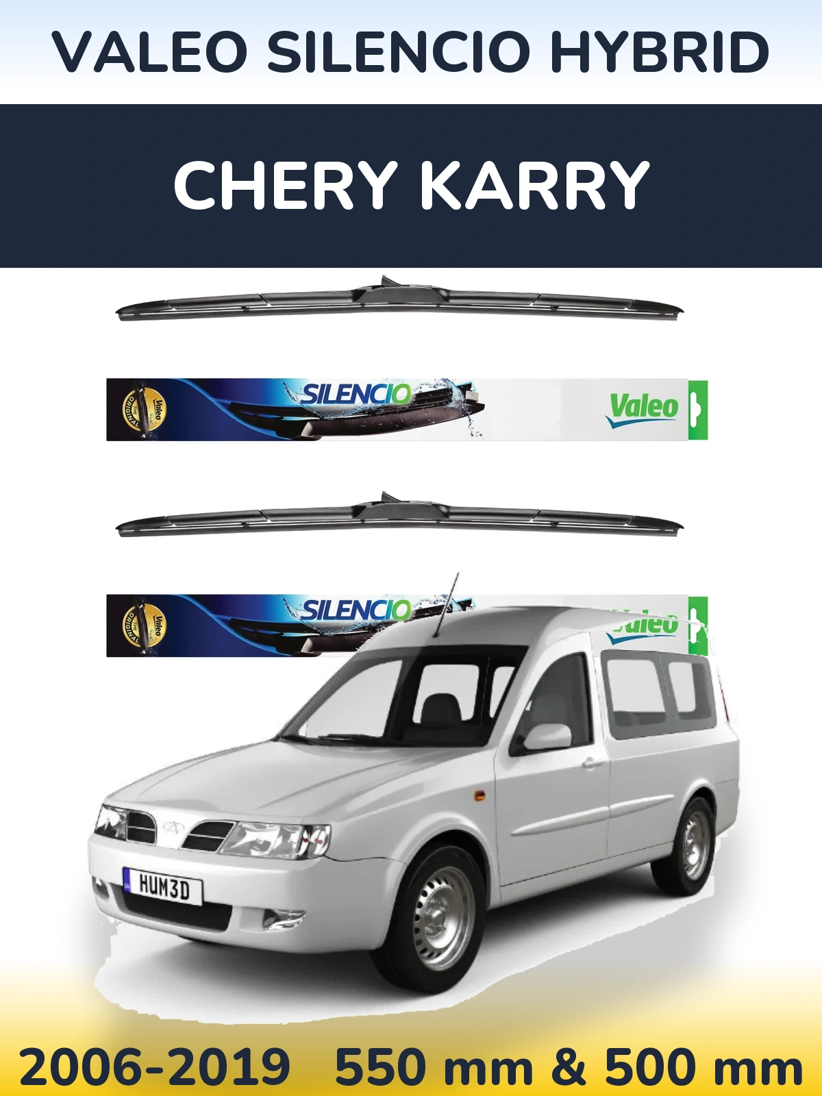 Sada předních stěračů Valeo Silencio Hybrid 550 a 500 mm pro Chery Karry 2006-2019