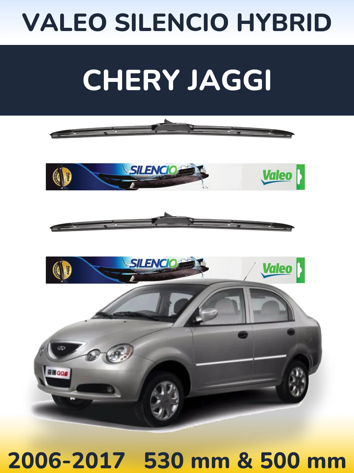 Sada předních stěračů Valeo Silencio Hybrid 530 a 500 mm pro Chery Jaggi 2006-2017