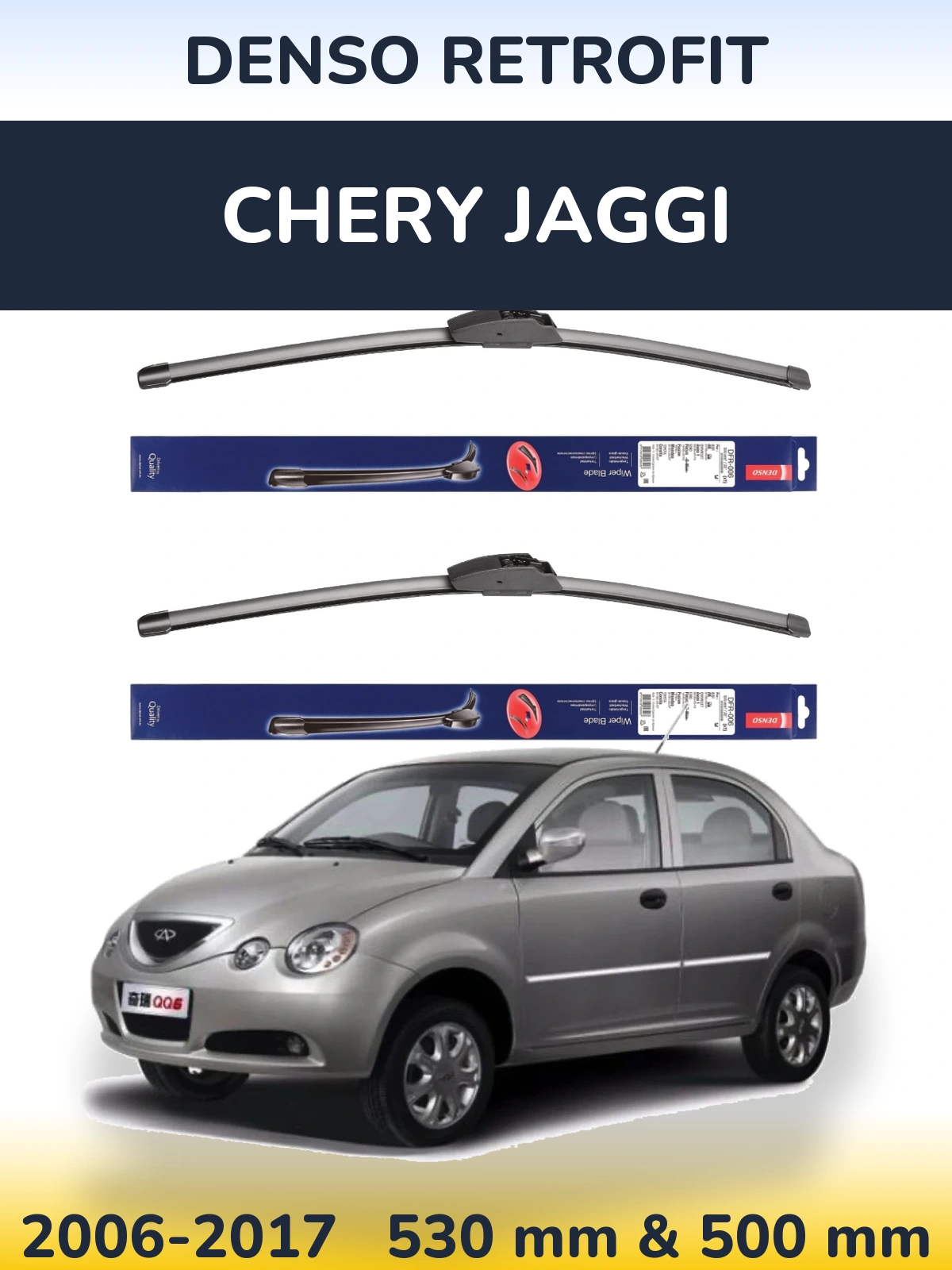 Sada předních stěračů Denso Retrofit 530 a 500 mm pro Chery Jaggi 2006-2017