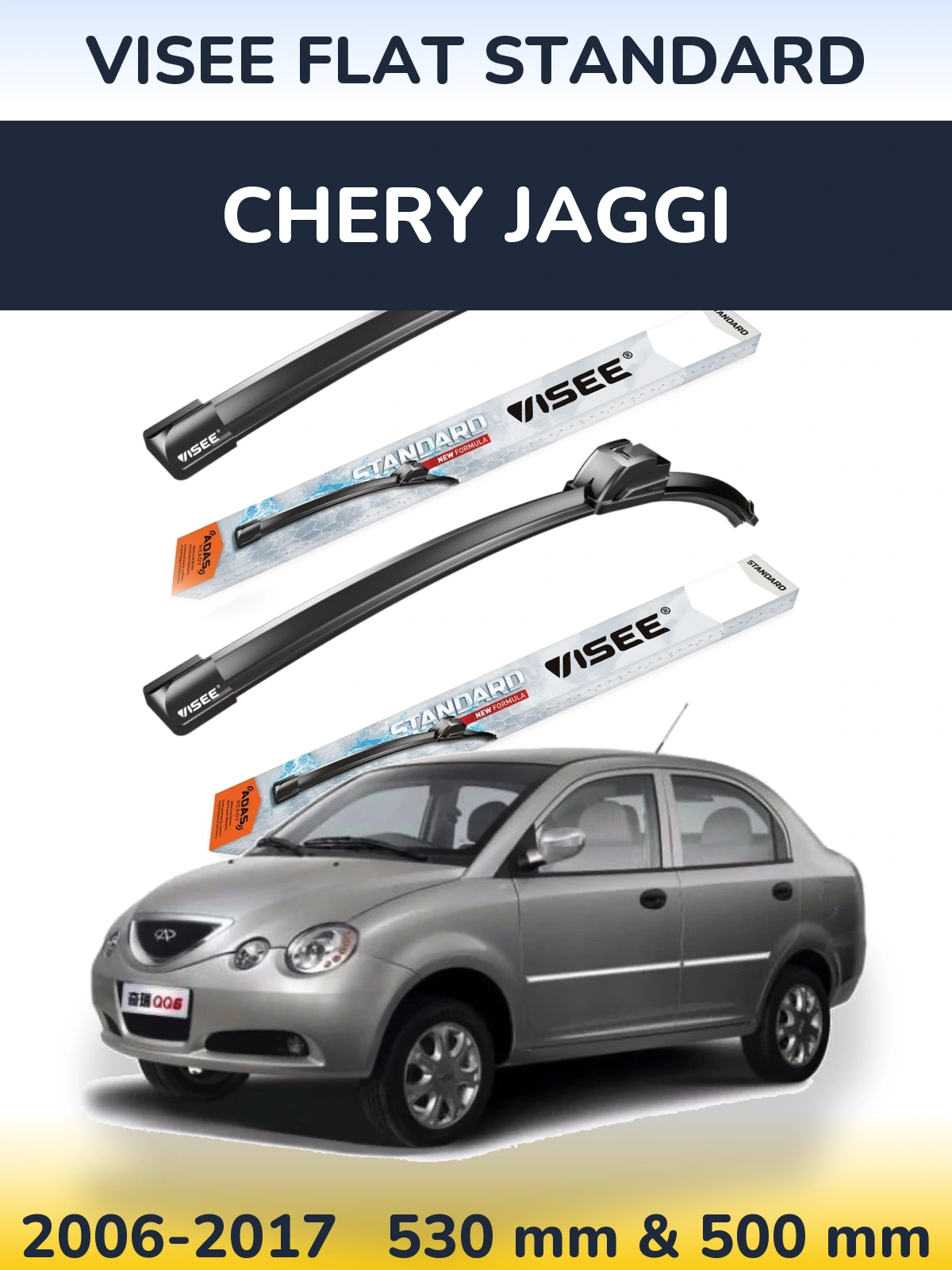 Sada předních stěračů VISEE FLAT STANDARD 530 a 500 mm pro Chery Jaggi 2006-2017