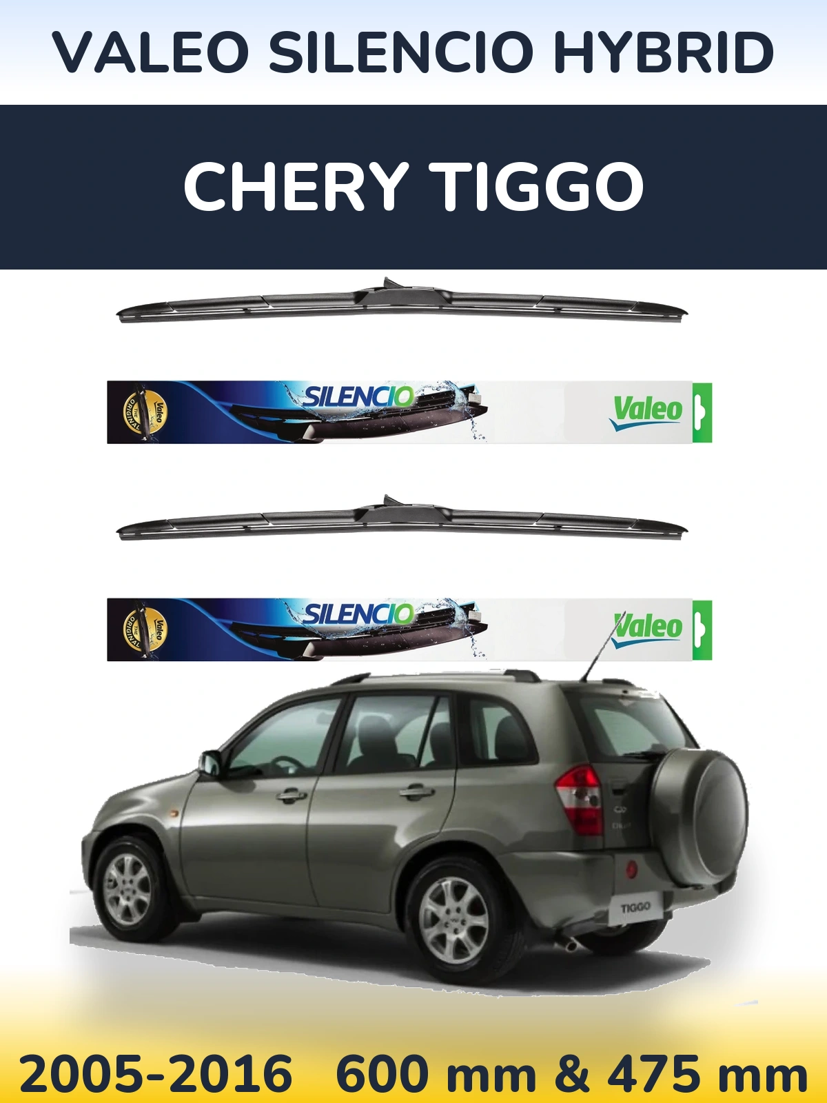 Sada předních stěračů Valeo Silencio Hybrid 600 a 475 mm pro Chery Tiggo 2005-2016