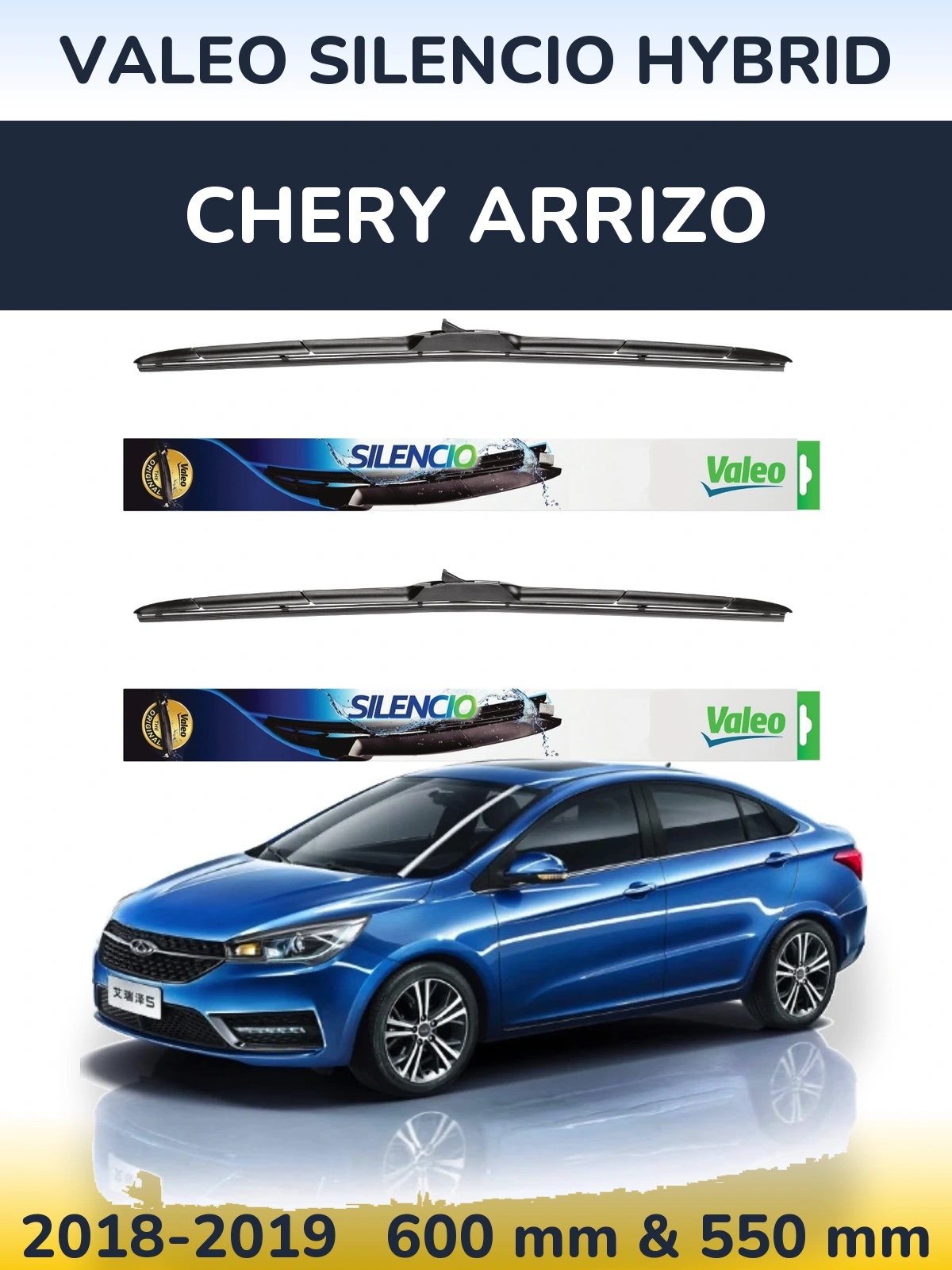 Sada předních stěračů Valeo Silencio Hybrid 600 a 550 mm pro Chery Arrizo 2018-2019