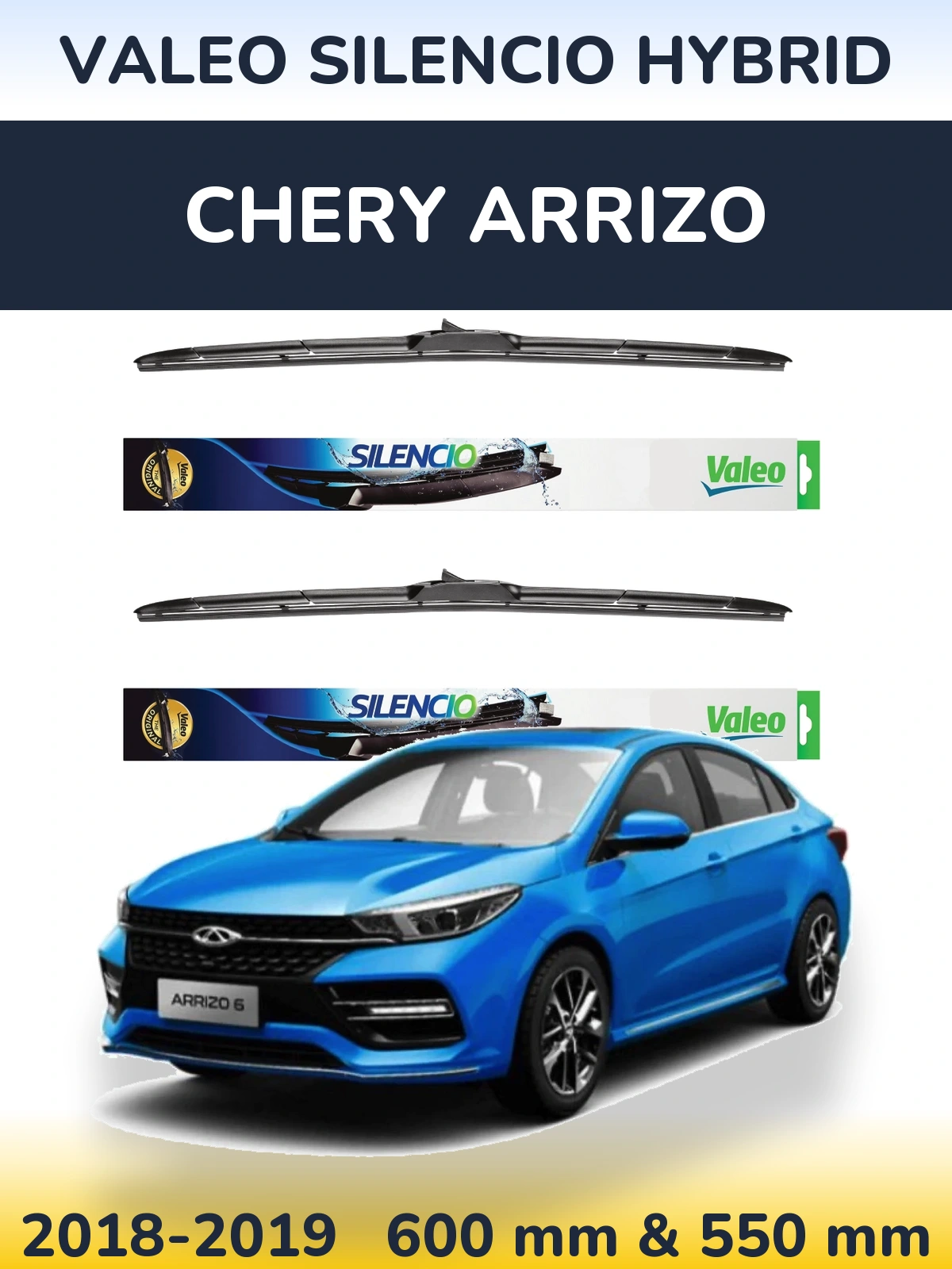Sada předních stěračů Valeo Silencio Hybrid 600 a 550 mm pro Chery Arrizo 2018-2019