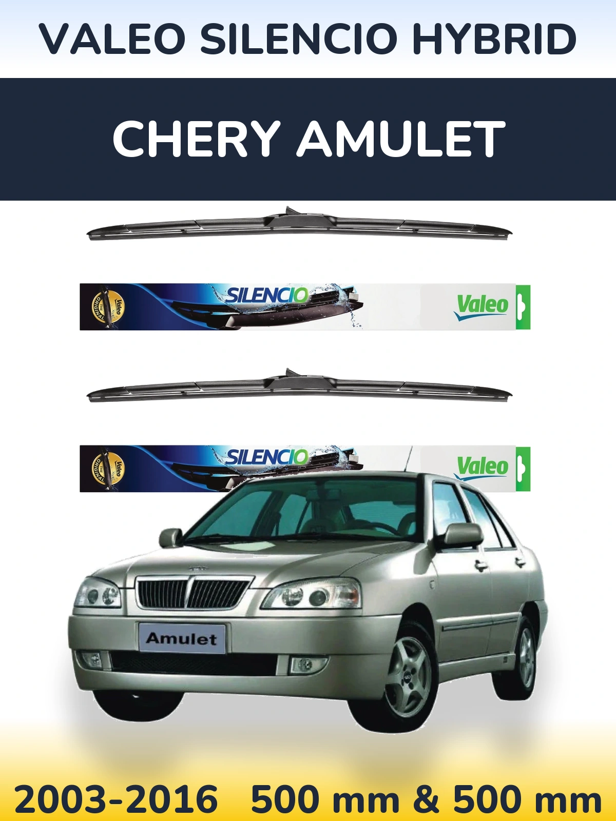 Sada předních stěračů Valeo Silencio Hybrid 500 a 500 mm pro Chery Amulet 2003-2016