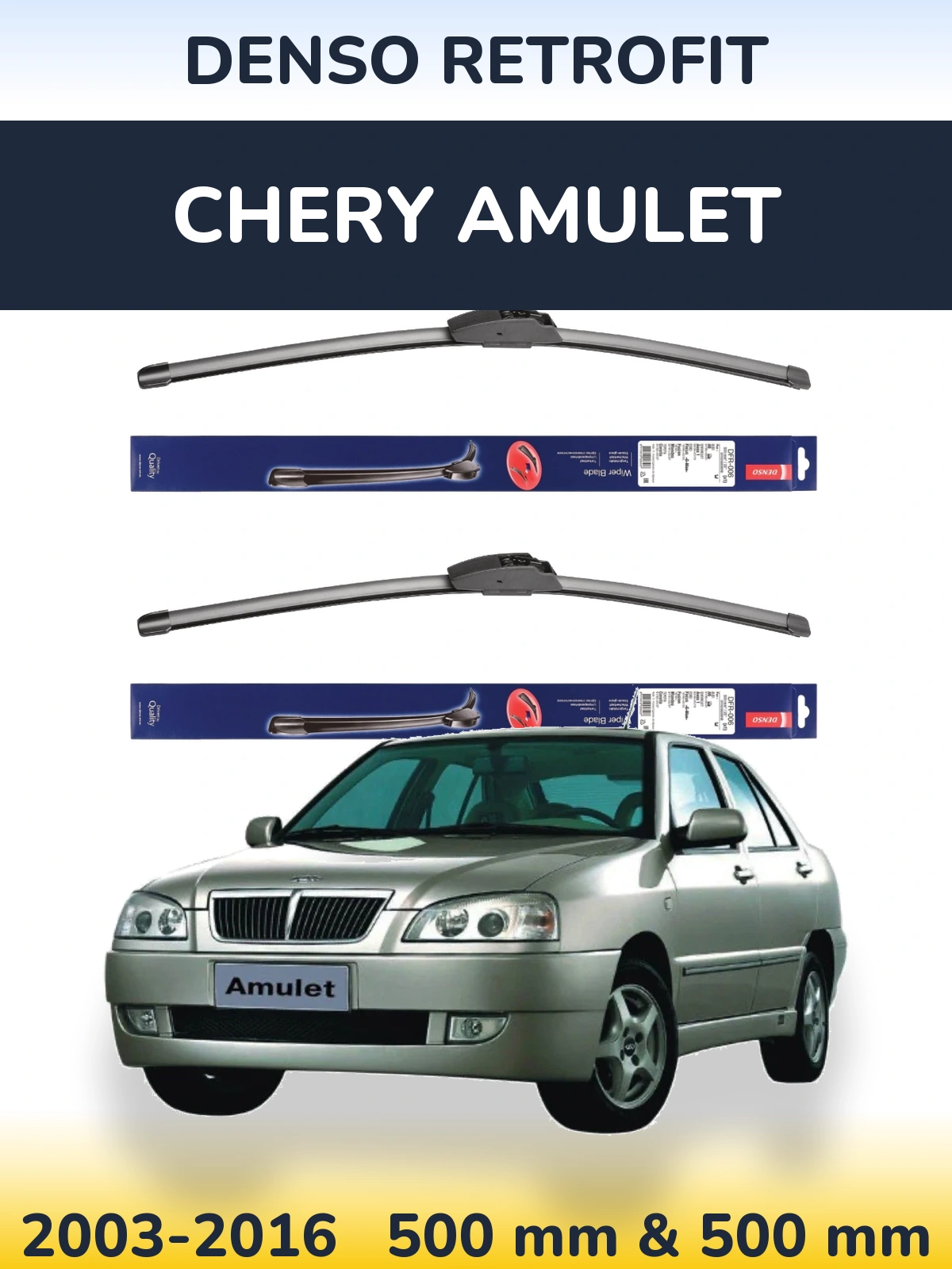 Sada předních stěračů Denso Retrofit 500 a 500 mm pro Chery Amulet 2003-2016
