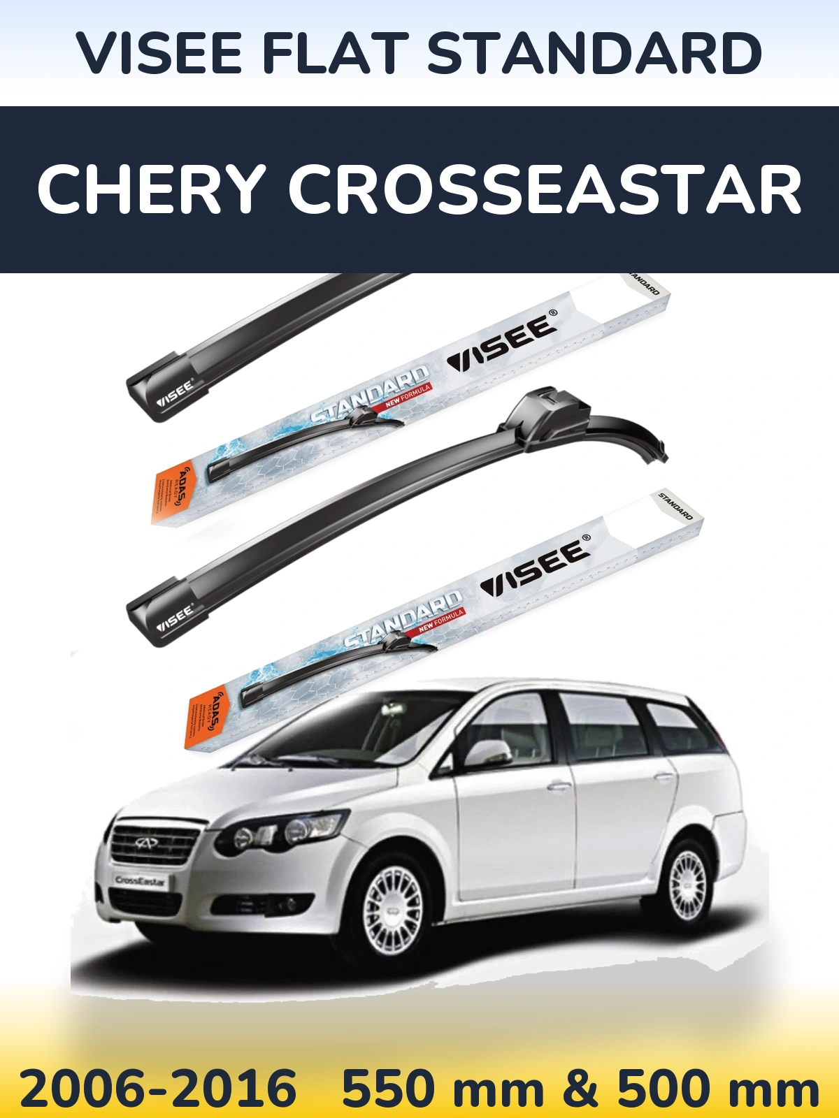 Sada předních stěračů VISEE FLAT STANDARD 550 a 500 mm pro Chery CrossEastar 2006-2016