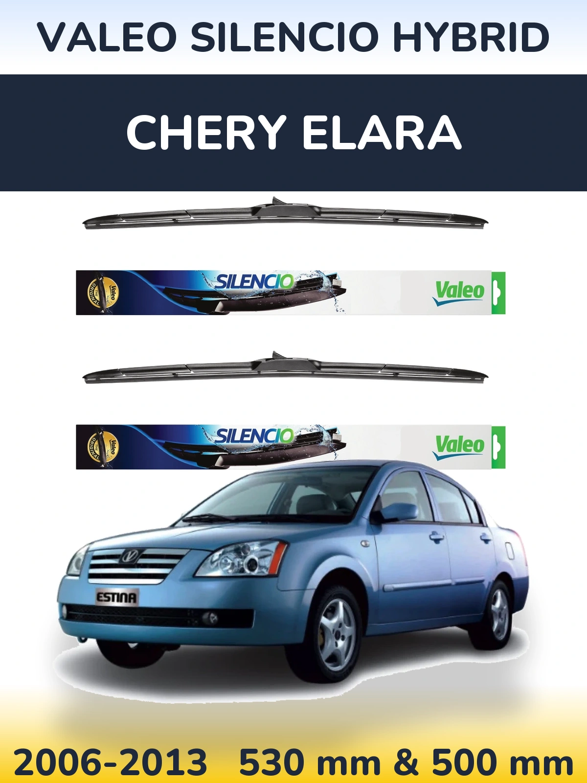 Sada předních stěračů Valeo Silencio Hybrid 530 a 500 mm pro Chery Elara 2006-2013