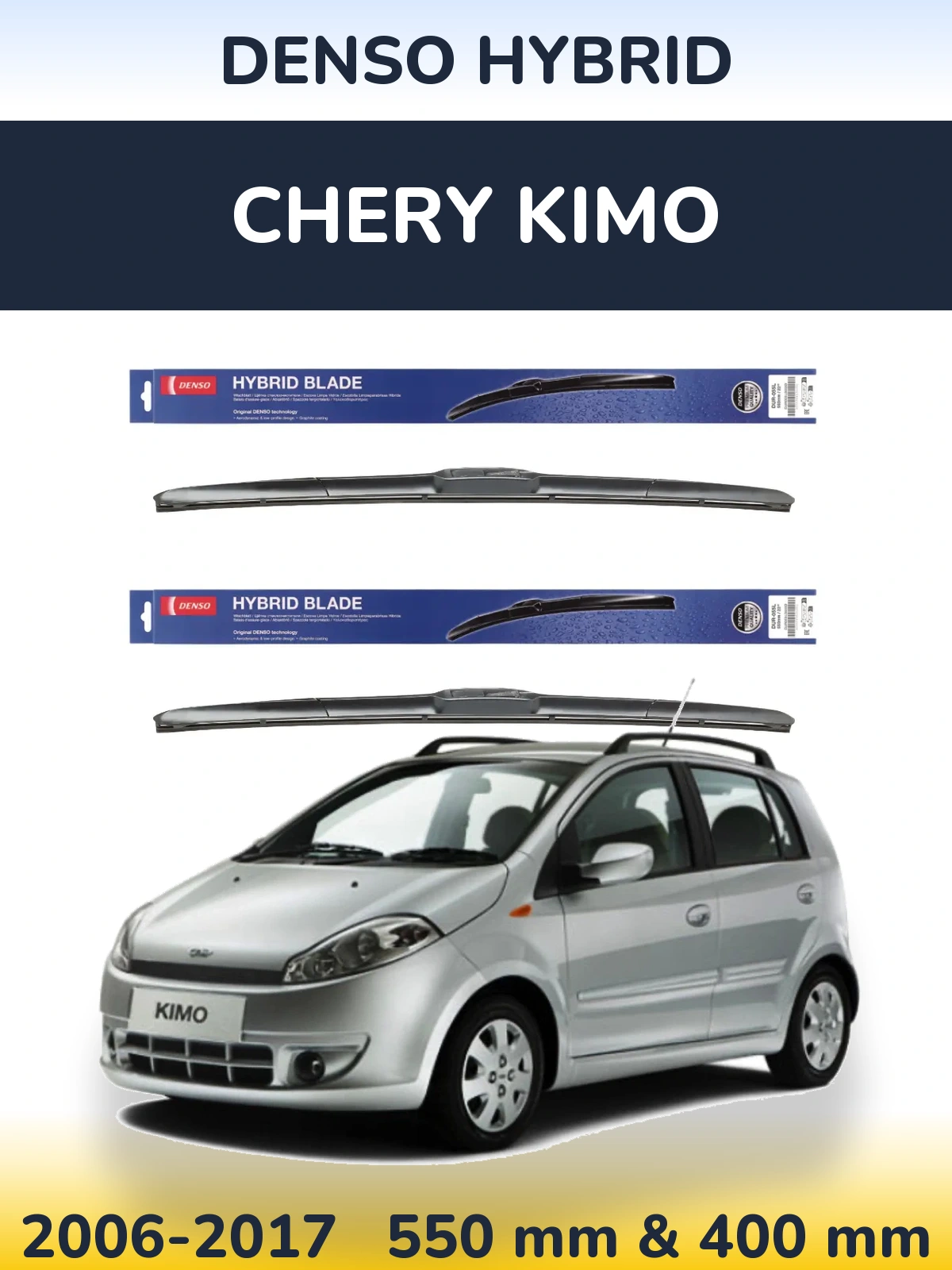 Sada předních stěračů Denso Hybrid 550 a 400 mm pro Chery Kimo 2006-2017