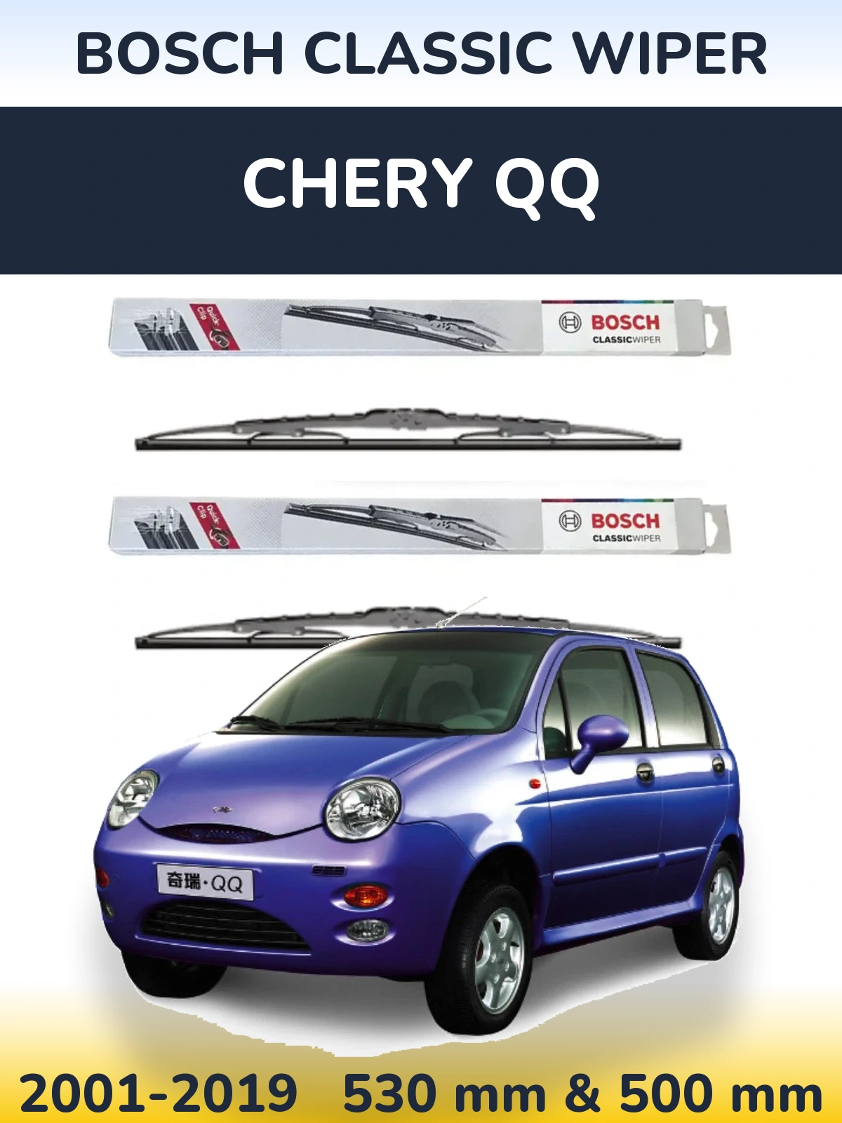 Sada předních stěračů BOSCH Classic Wiper 530 a 500 mm pro Chery QQ 2001-2019
