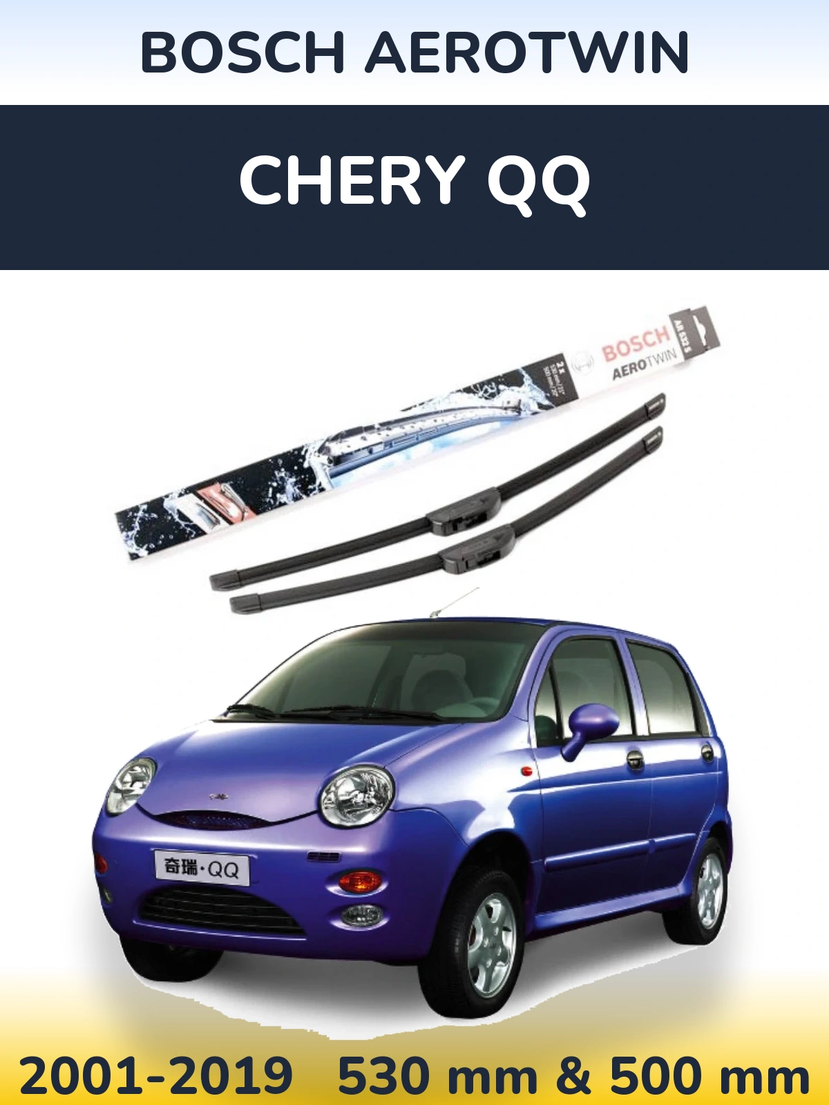 Sada předních stěračů BOSCH AeroTwin 530 a 500 mm pro Chery QQ 2001-2019