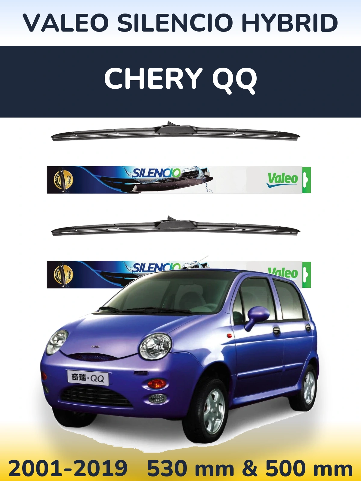 Sada předních stěračů Valeo Silencio Hybrid 530 a 500 mm pro Chery QQ 2001-2019