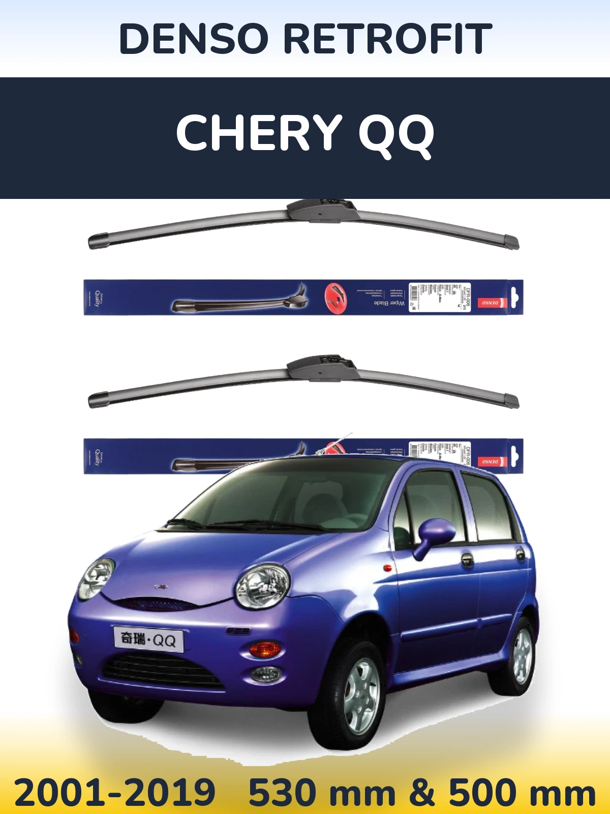 Sada předních stěračů Denso Retrofit 530 a 500 mm pro Chery QQ 2001-2019
