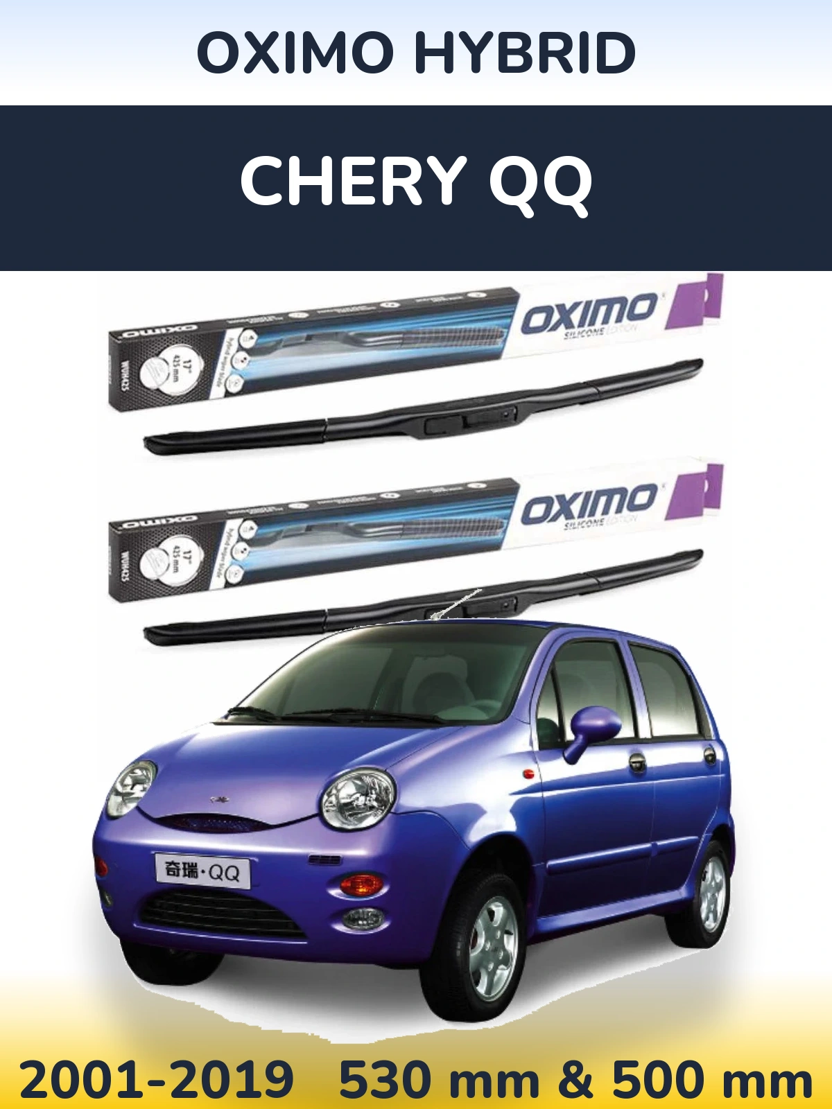 Sada předních stěračů Oximo Hybrid 530 a 500 mm pro Chery QQ 2001-2019