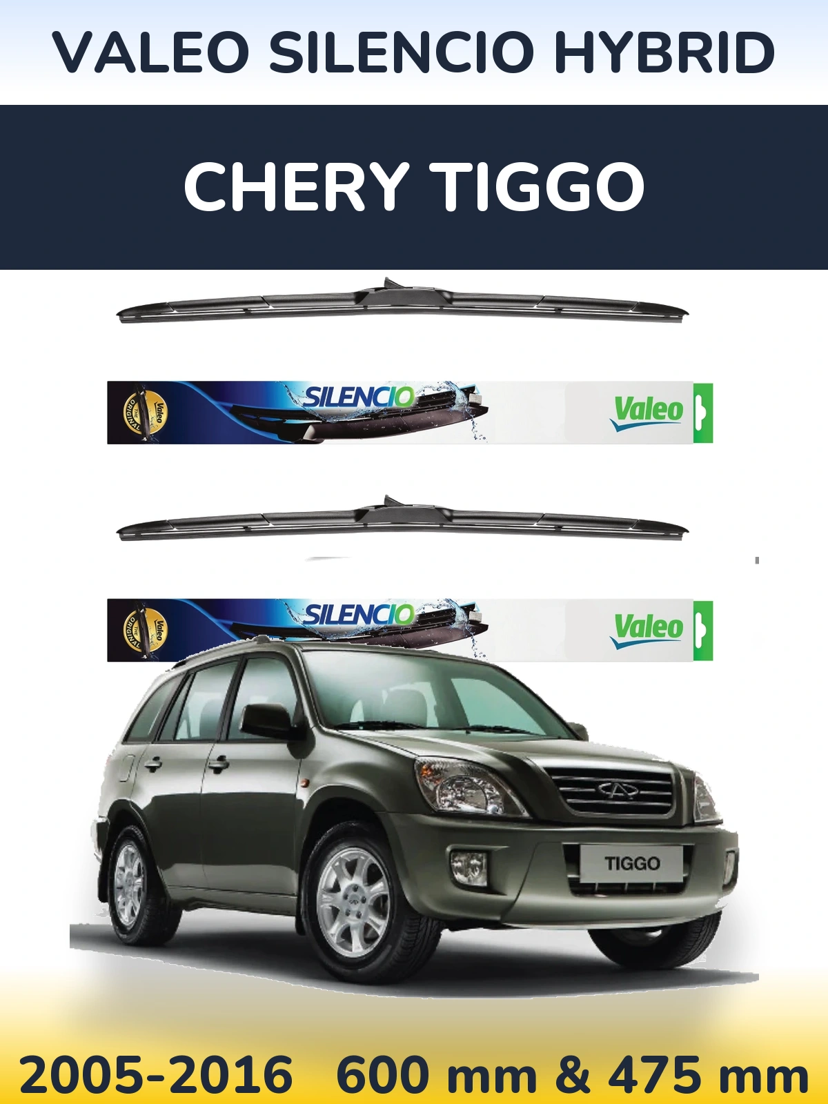 Sada předních stěračů Valeo Silencio Hybrid 600 a 475 mm pro Chery Tiggo 2005-2016