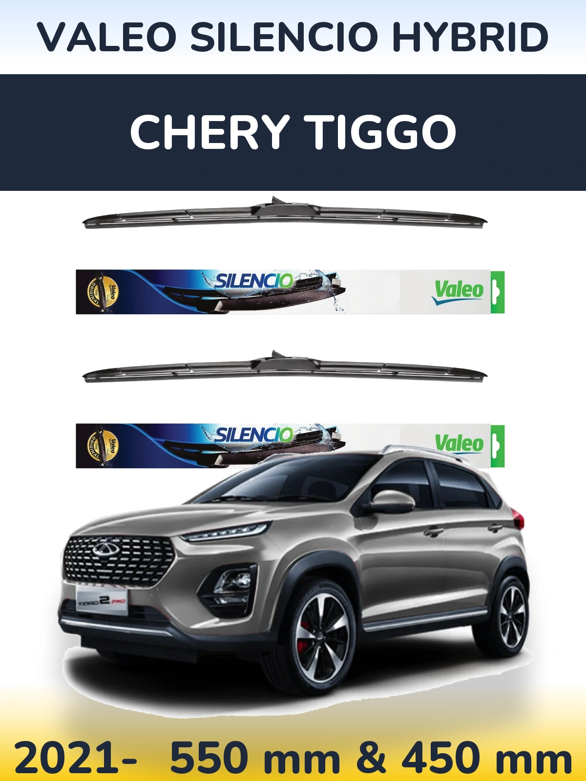 Sada předních stěračů Valeo Silencio Hybrid 550 a 450 mm pro Chery Tiggo 2021-2026