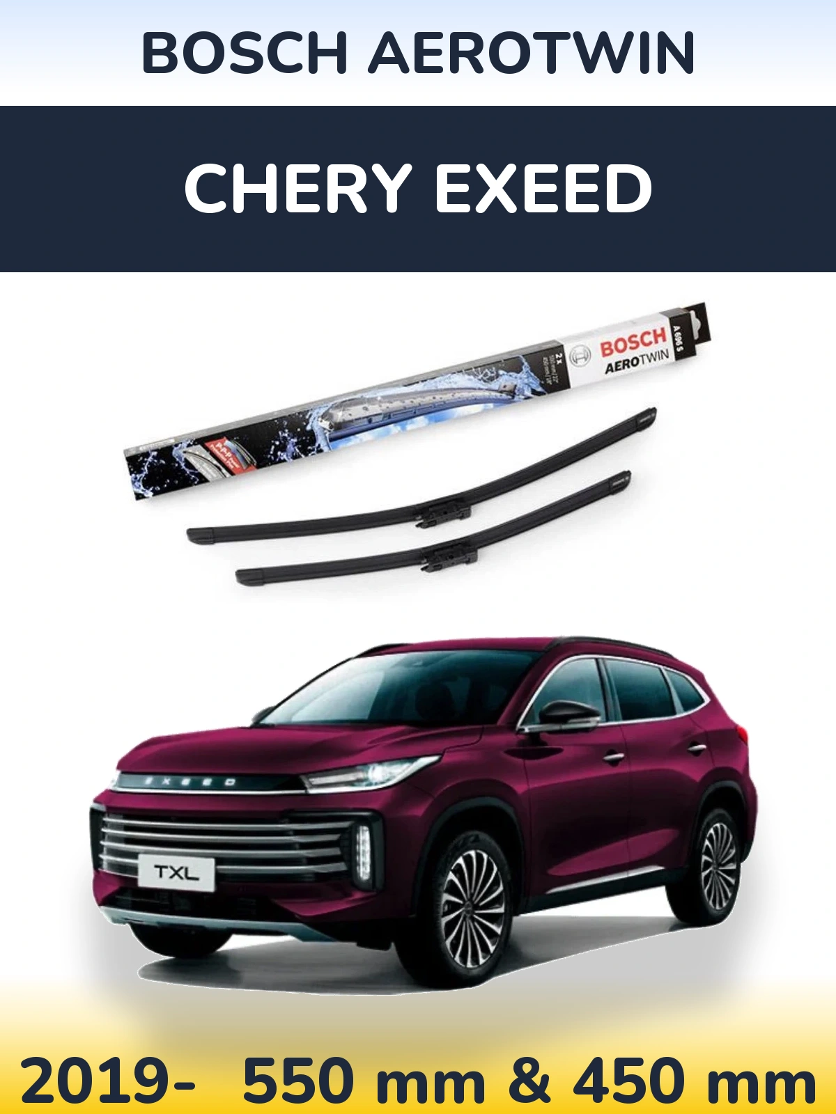 Sada předních stěračů BOSCH AeroTwin 550 a 450 mm pro Chery Exeed 2019-2026