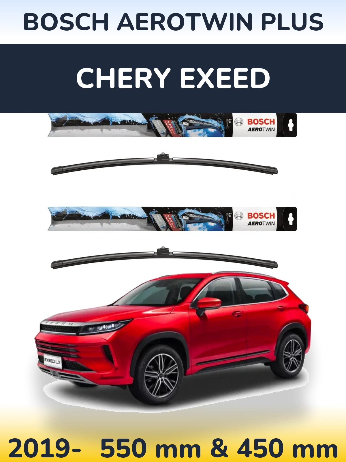 Sada předních stěračů BOSCH AeroTwin Plus 550 a 450 mm pro Chery Exeed 2019-2026