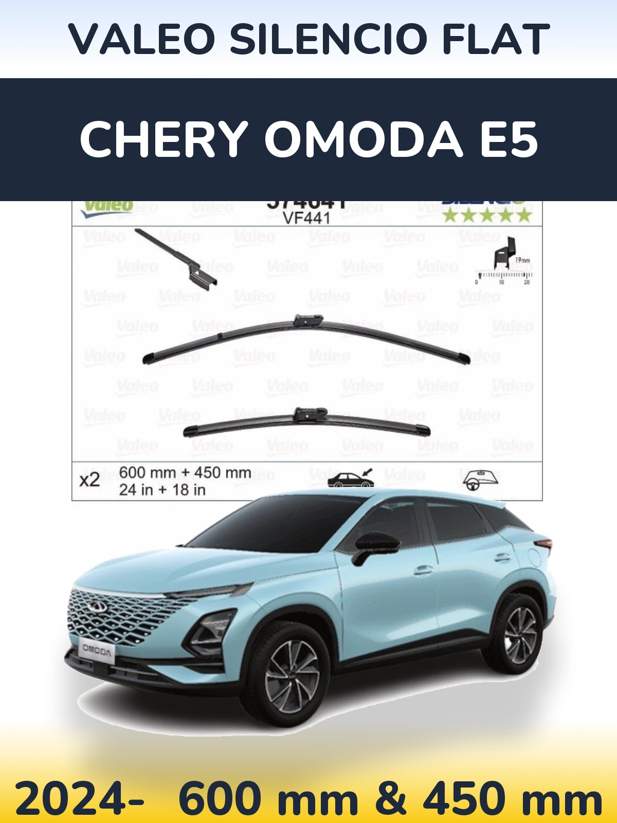 Sada předních stěračů Valeo Silencio Flat 600 a 450 mm pro Chery Omoda E5 2024-2026