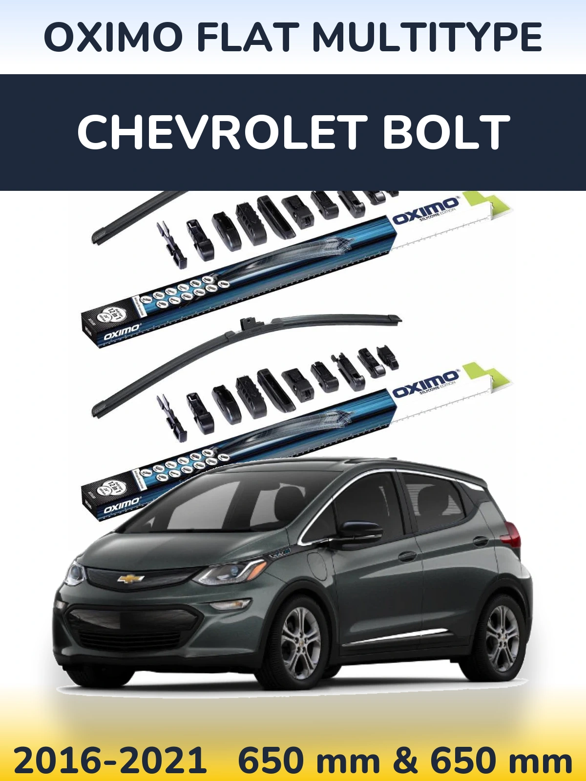 Sada předních stěračů Oximo Flat MultiType 650 a 650 mm pro Chevrolet Bolt 2016-2021
