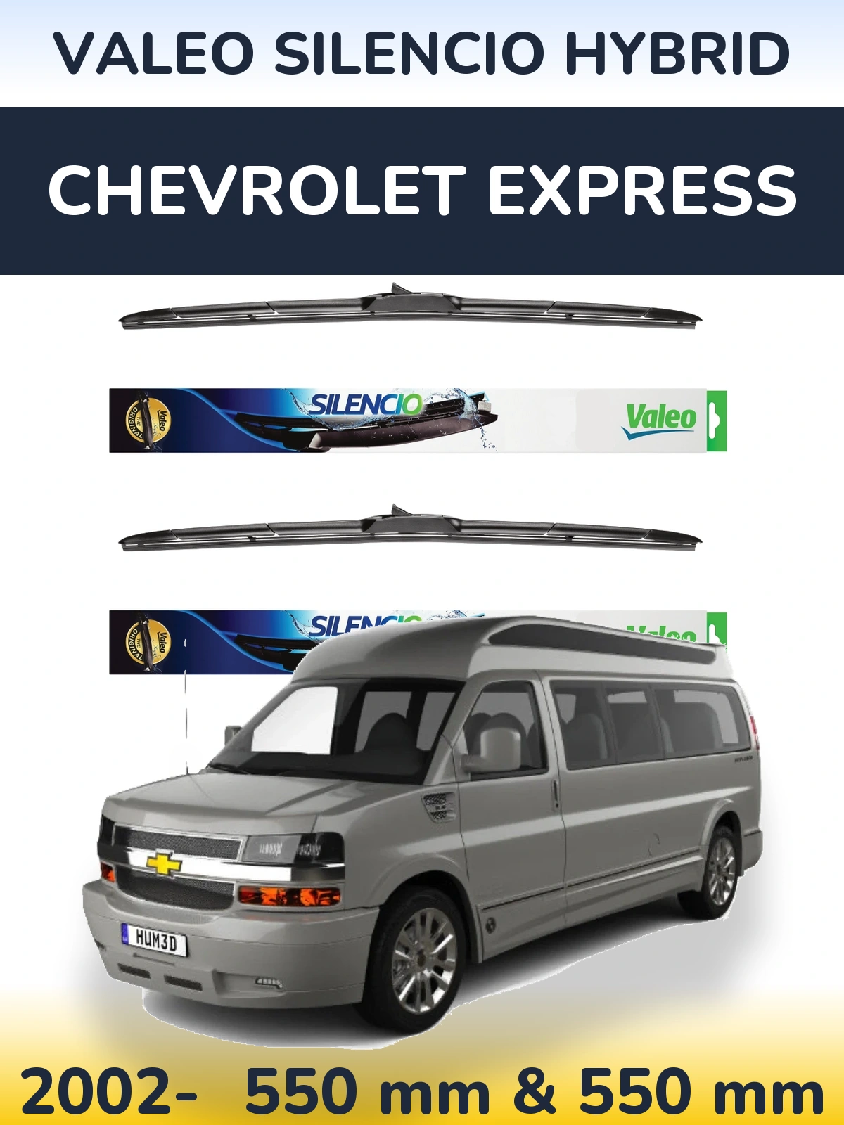 Sada předních stěračů Valeo Silencio Hybrid 550 a 550 mm pro Chevrolet Express 2002-2026