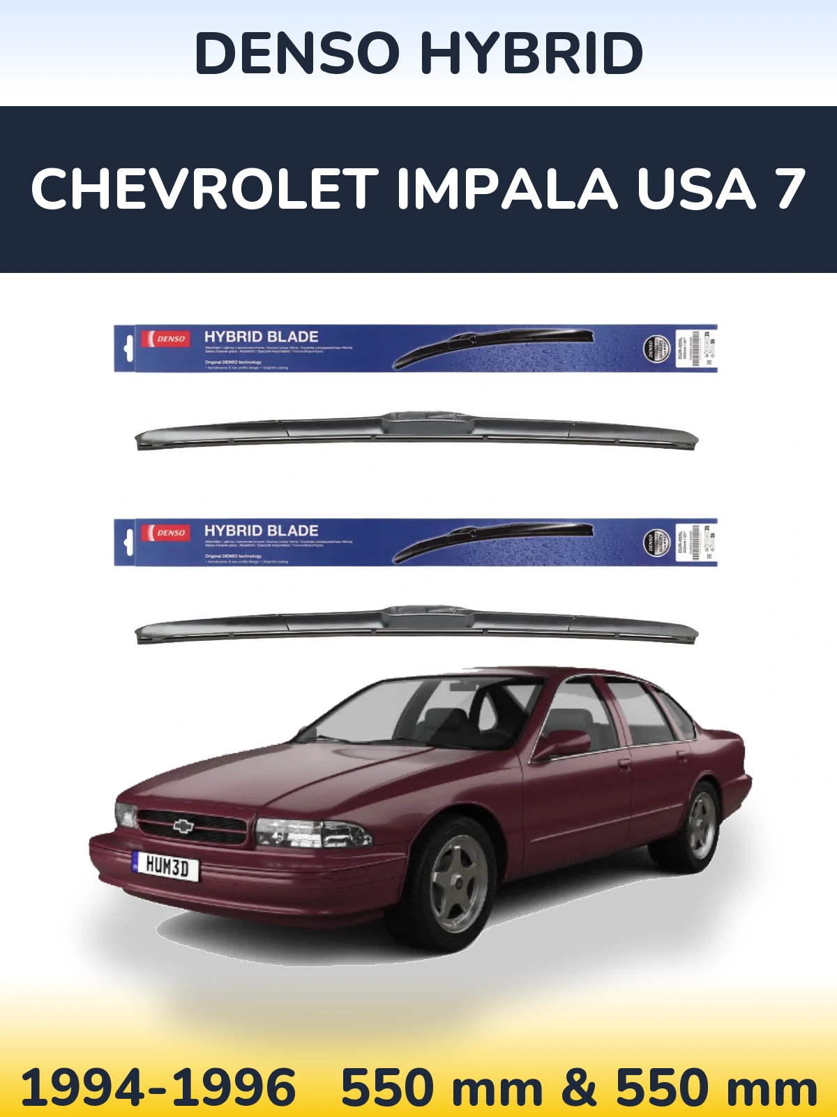 Sada předních stěračů Denso Hybrid 550 a 550 mm pro Chevrolet Impala USA 7 1994-1996