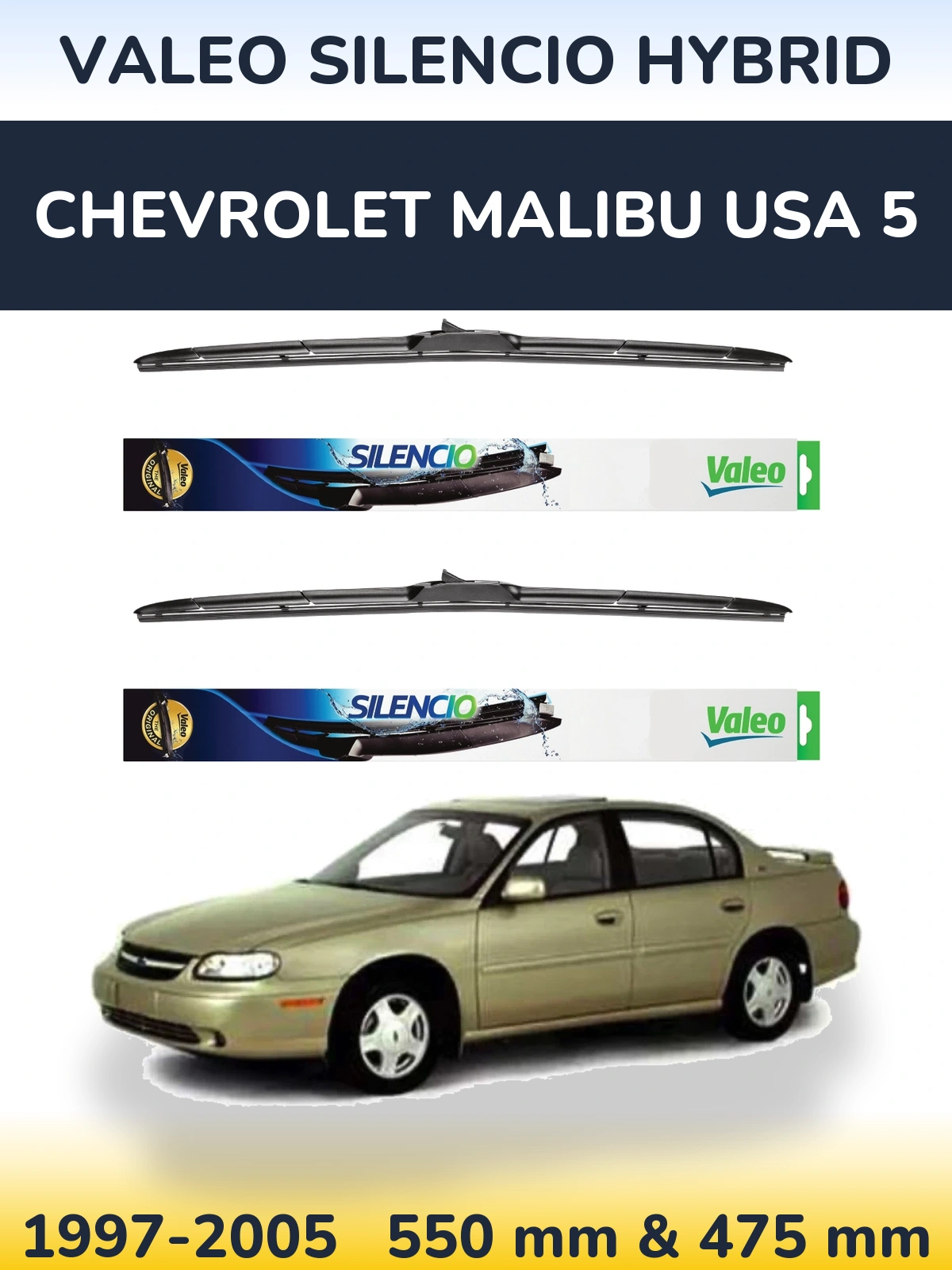 Sada předních stěračů Valeo Silencio Hybrid 550 a 475 mm pro Chevrolet Malibu USA 5 1997-2005