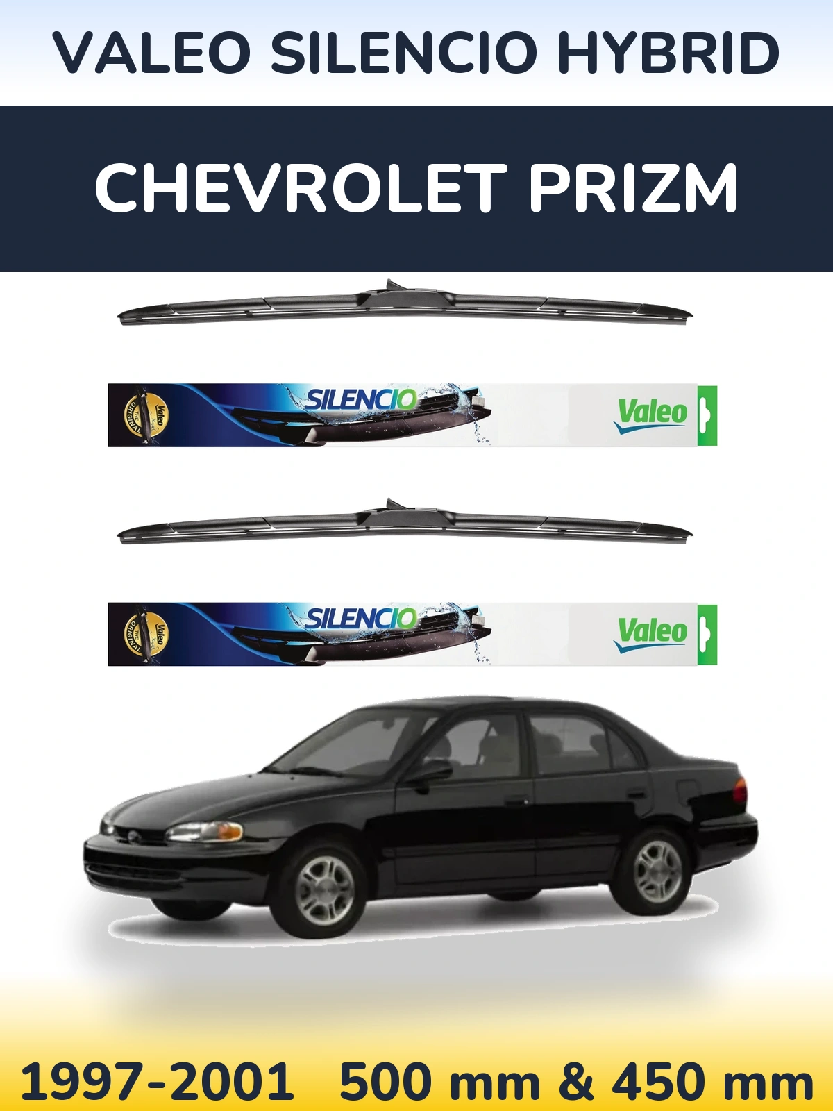 Sada předních stěračů Valeo Silencio Hybrid 500 a 450 mm pro Chevrolet Prizm 1997-2001
