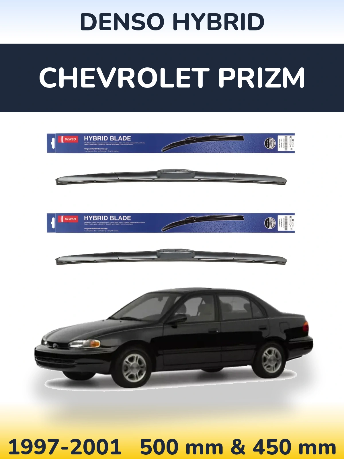 Sada předních stěračů Denso Hybrid 500 a 450 mm pro Chevrolet Prizm 1997-2001